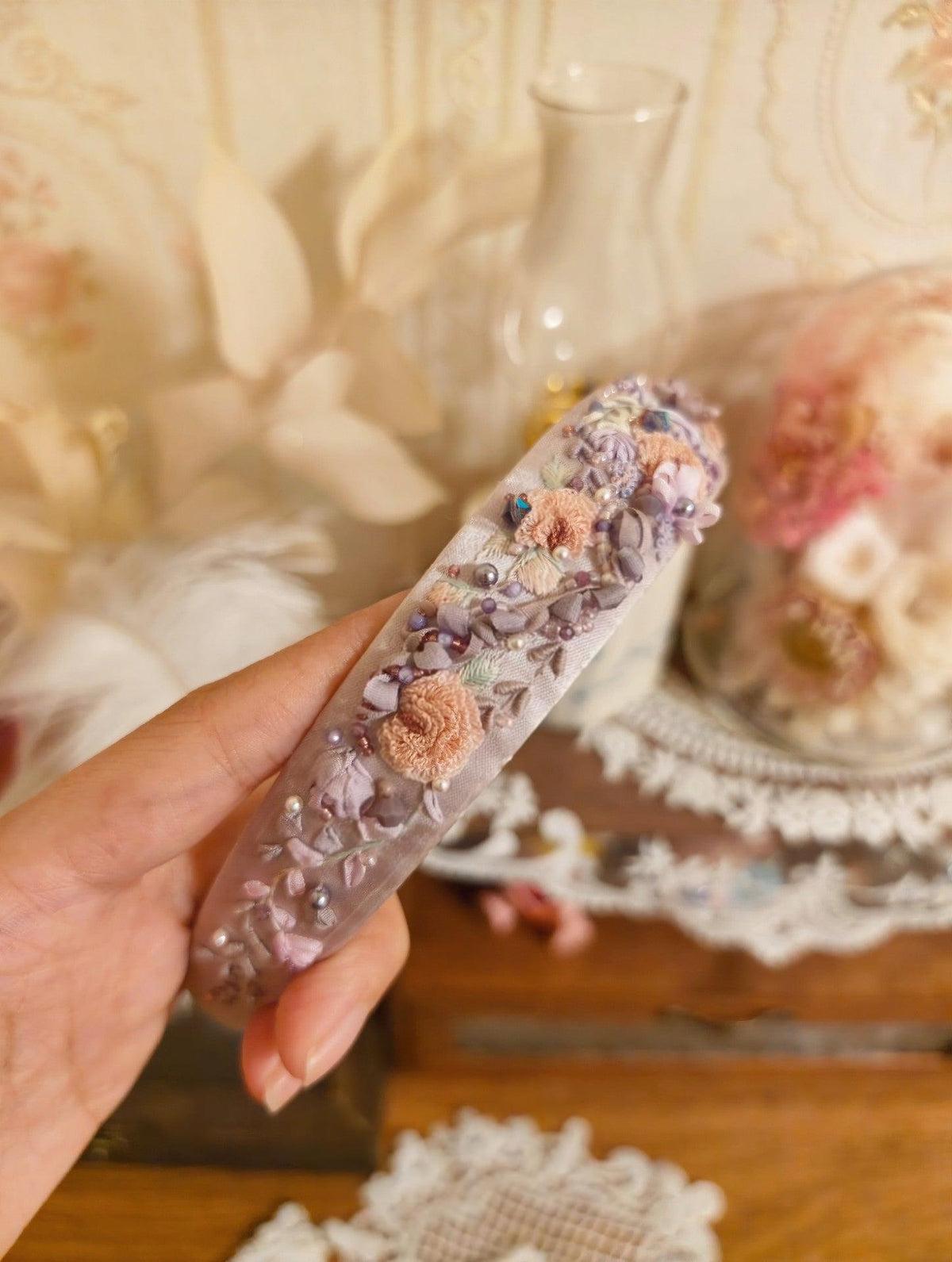 Embroidered Floral Headband Pastel Beaded Design