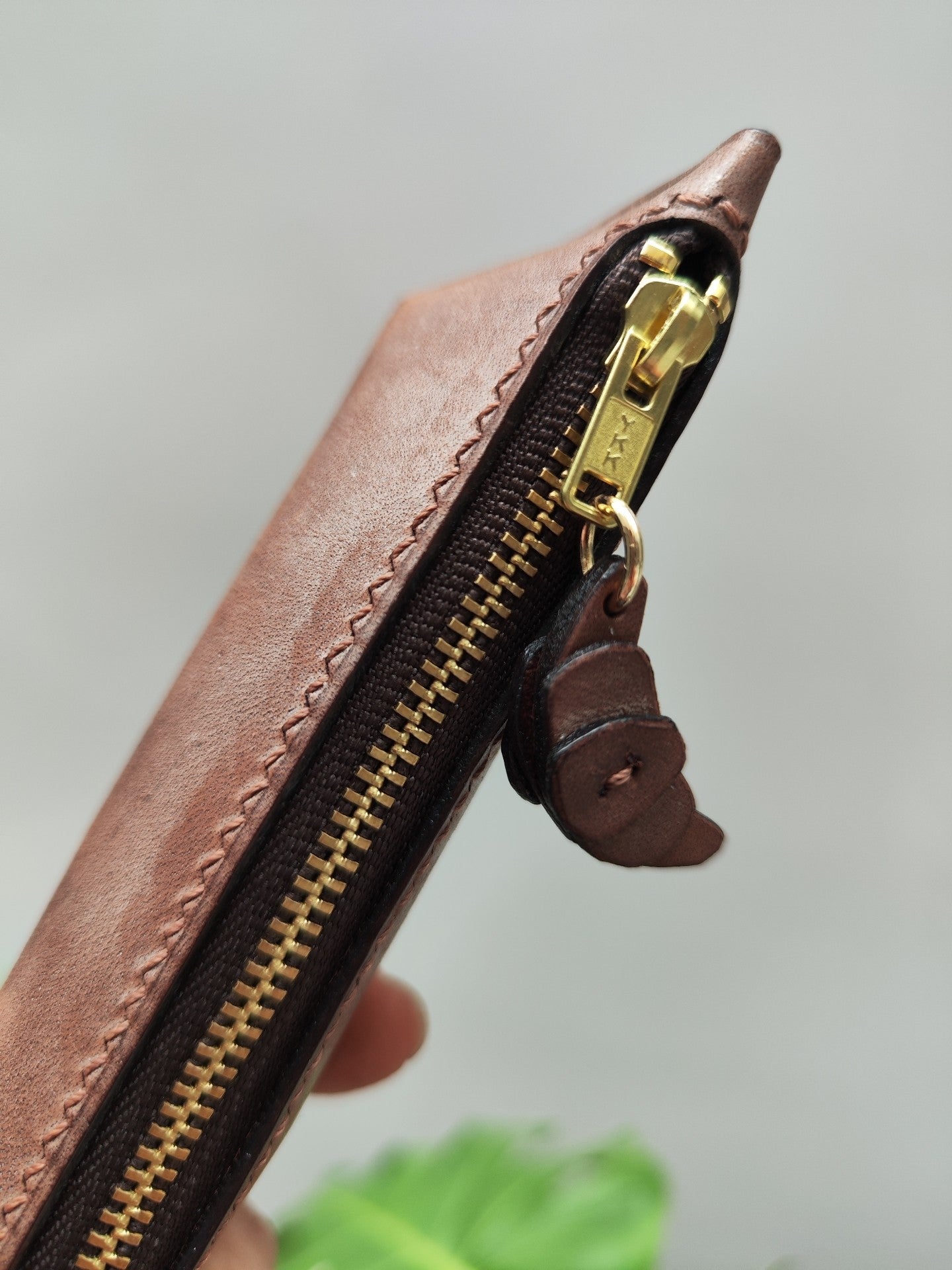 Handmade Leather Pencil Case, Imported Waxed Vegetable-Tanned Cowhide, Croissant Charm