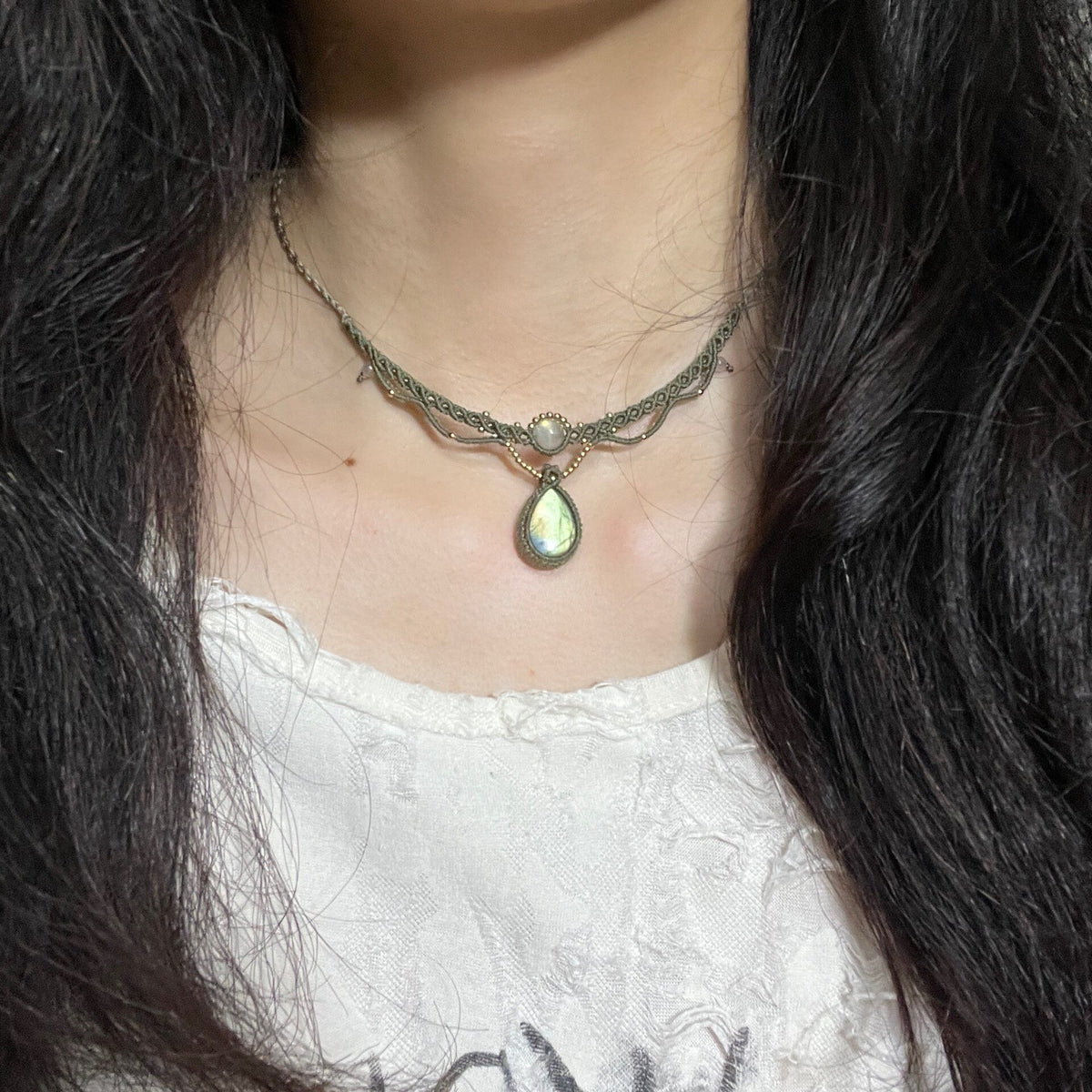 Macrame Waxed Cord Choker Necklace Labradorite