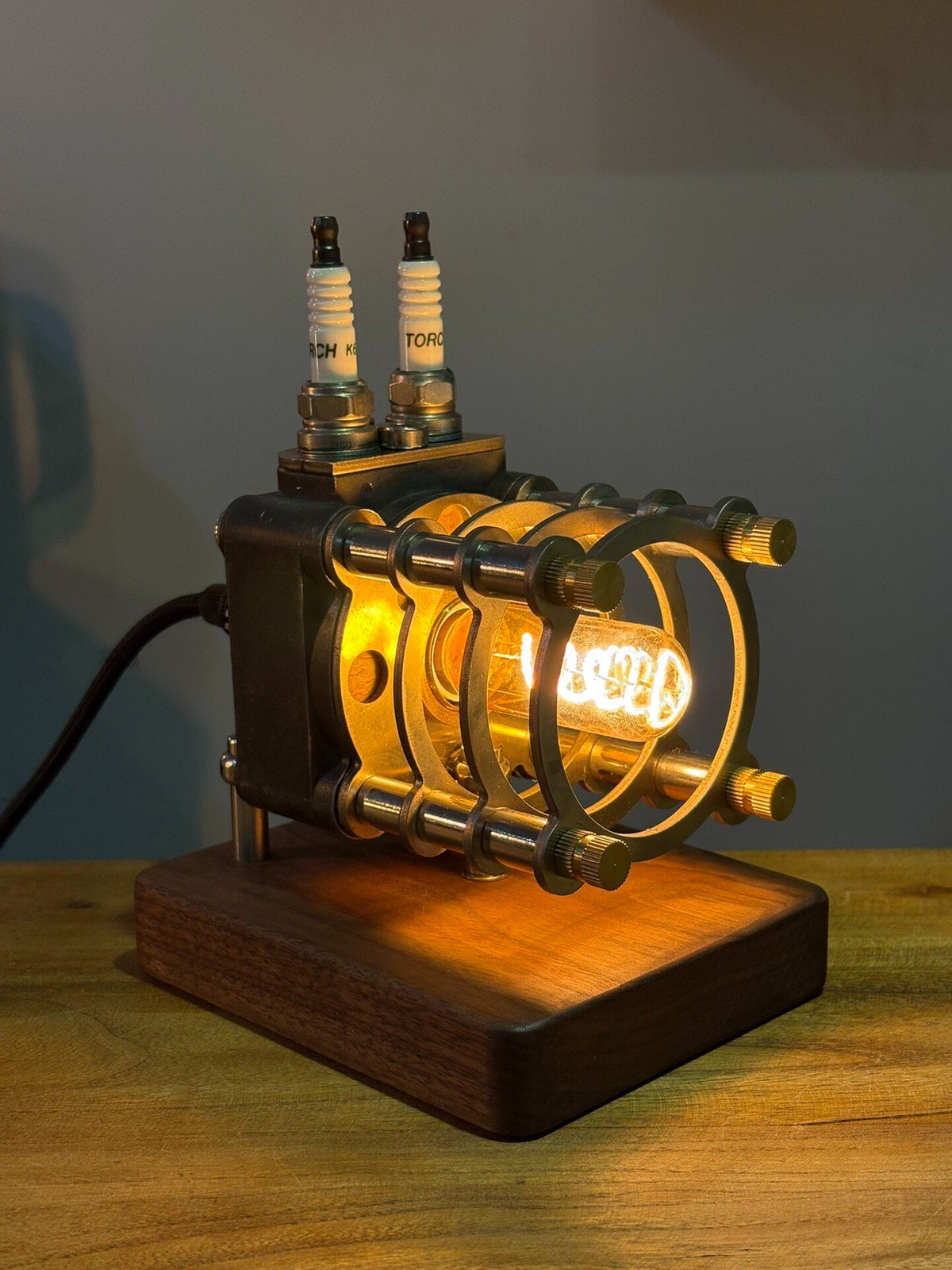 Steampunk Dual Spark Plug Carburetor Table Lamp