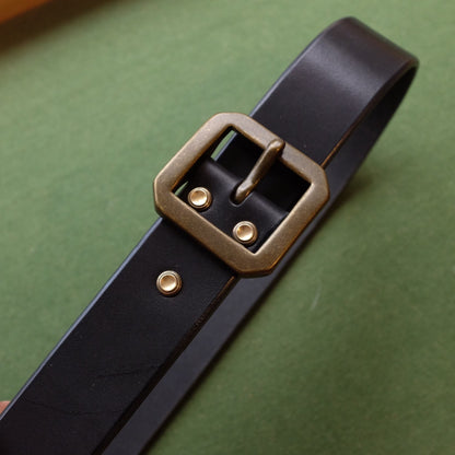 Black Leather Belt with Hexagonal Aged Brass Buckle and Three Rivets