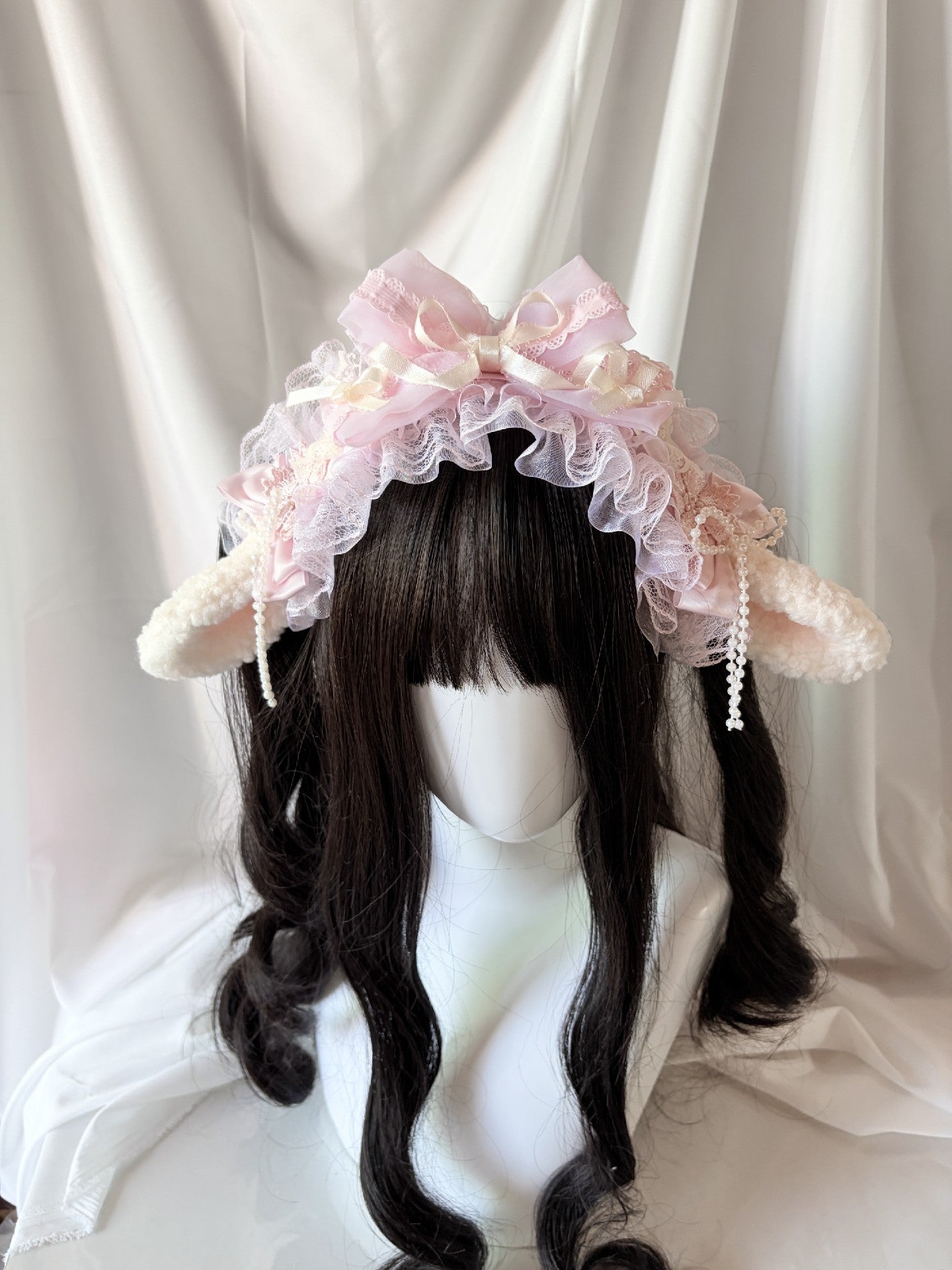 Lolita Plush Ear Headband with Lace and Satin Bow