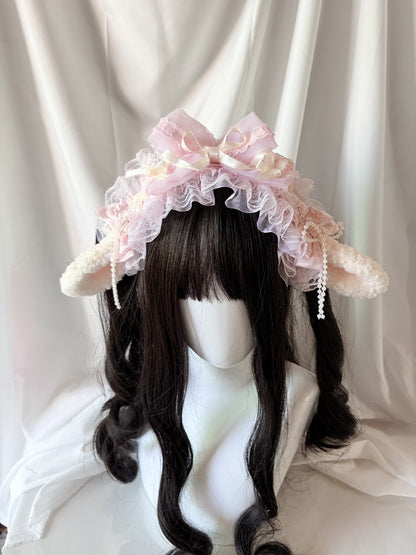 Lolita Plush Ear Headband with Lace and Satin Bow