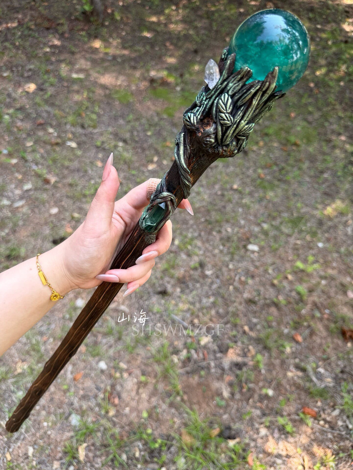 Fantasy Staff with Green Orb and Bronze Metalwork