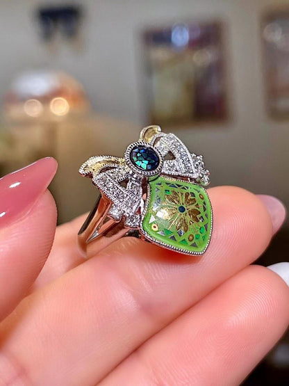 18K Gold Ring with 0.18ct Diamond and Lime-Green Enamel Shield