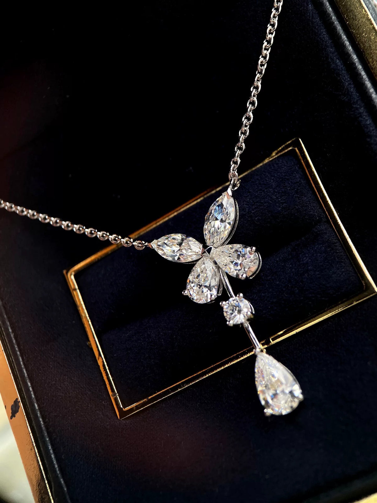 S925 Silver Butterfly Marquise Pear Drop Necklace