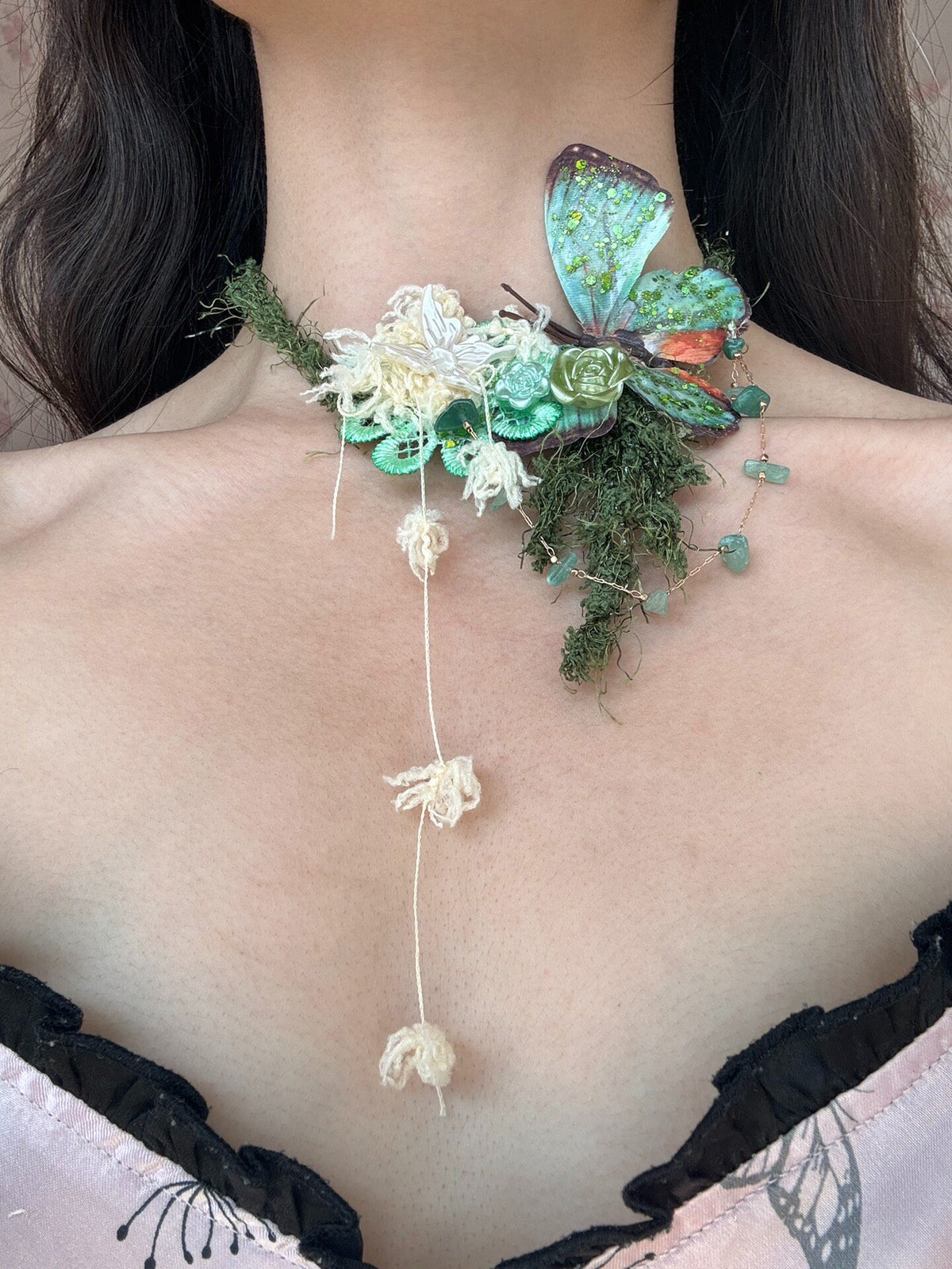 Moss Green Butterfly Choker Necklace Handcrafted