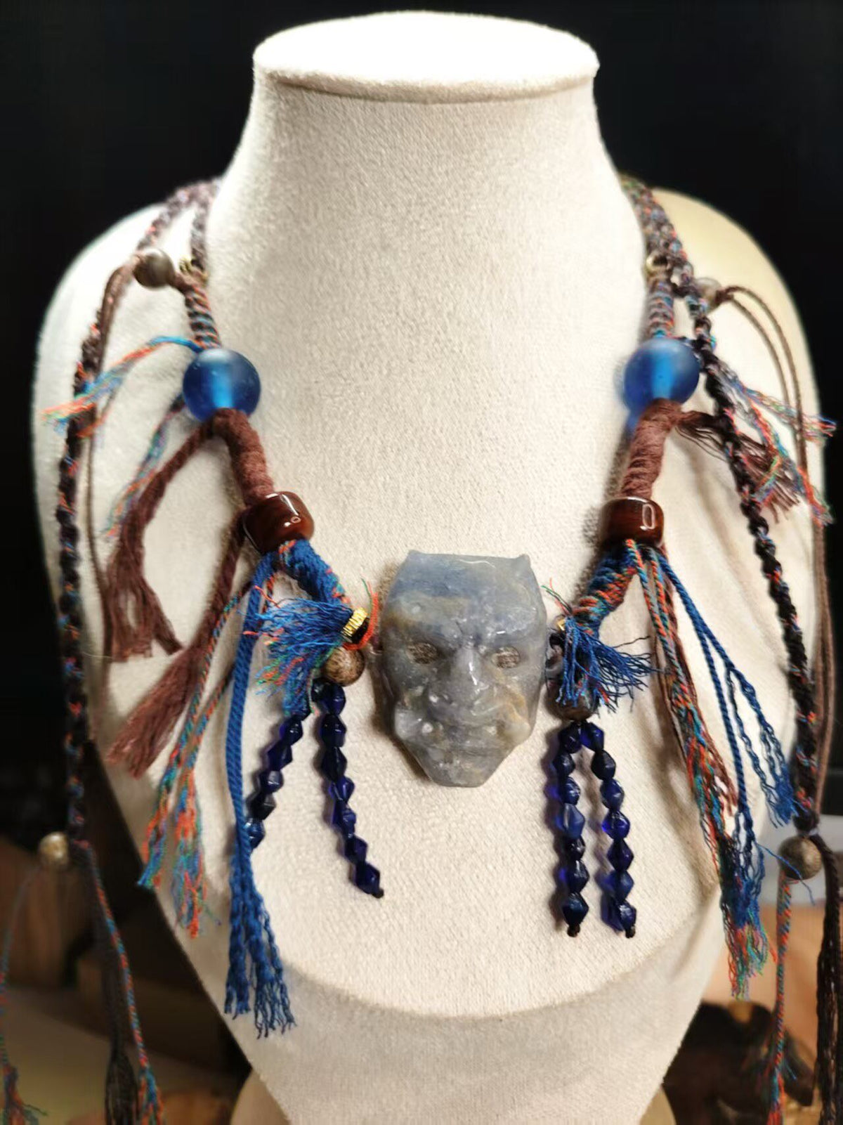Hand-Carved Jade Mask Pendant Necklace with Blue Glass Beads