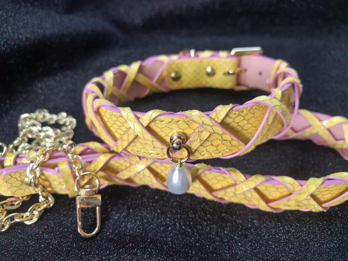 Woven Yellow Snakeskin Texture Pet Collar Leash Set