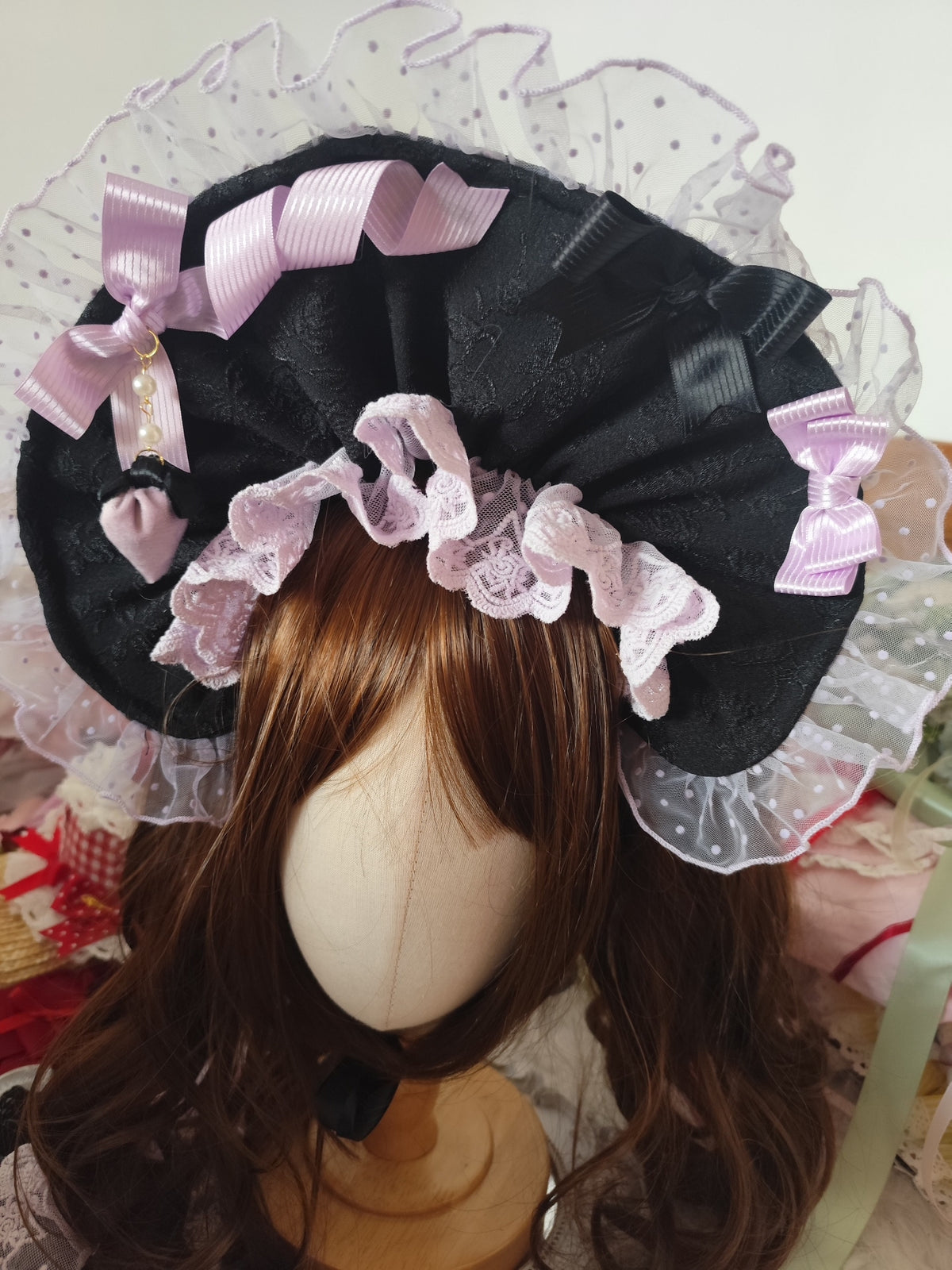 Black Lolita Bonnet with Pink Lace Trim