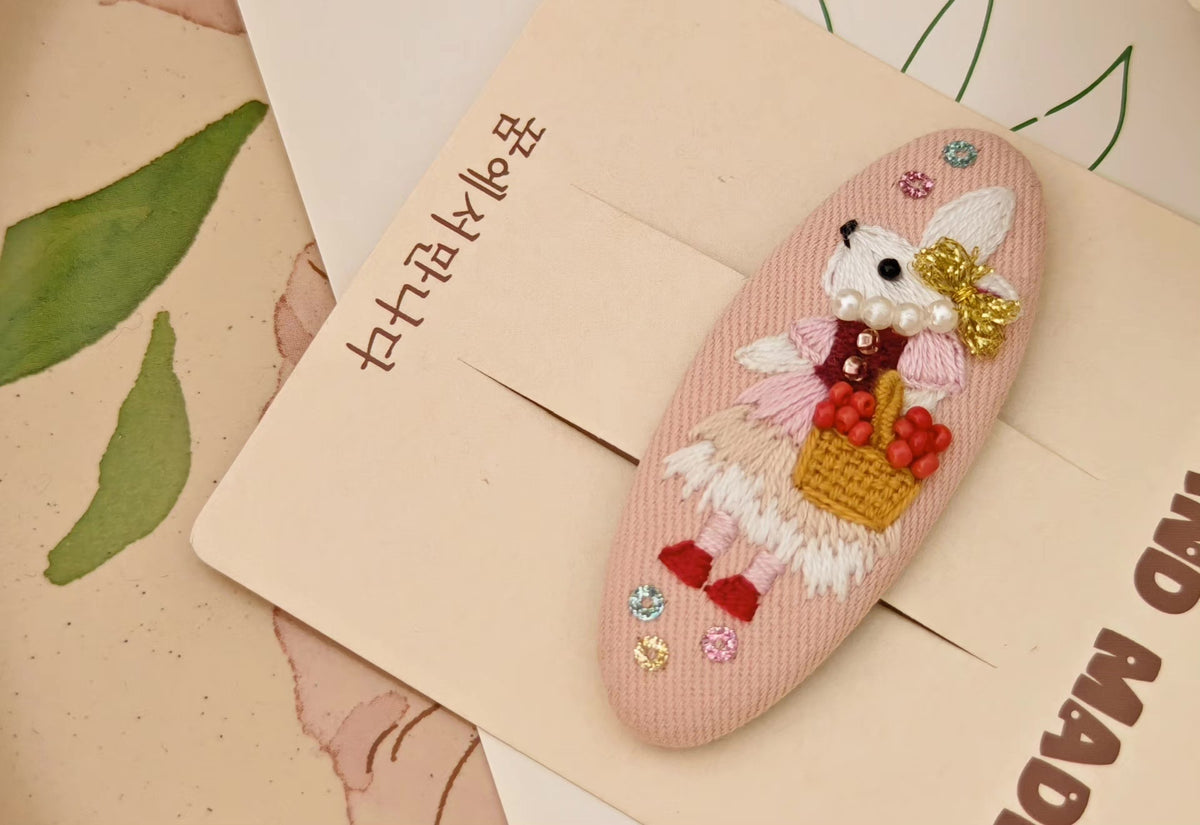 Hand Embroidered Rabbit Hair Clip Pink Fabric