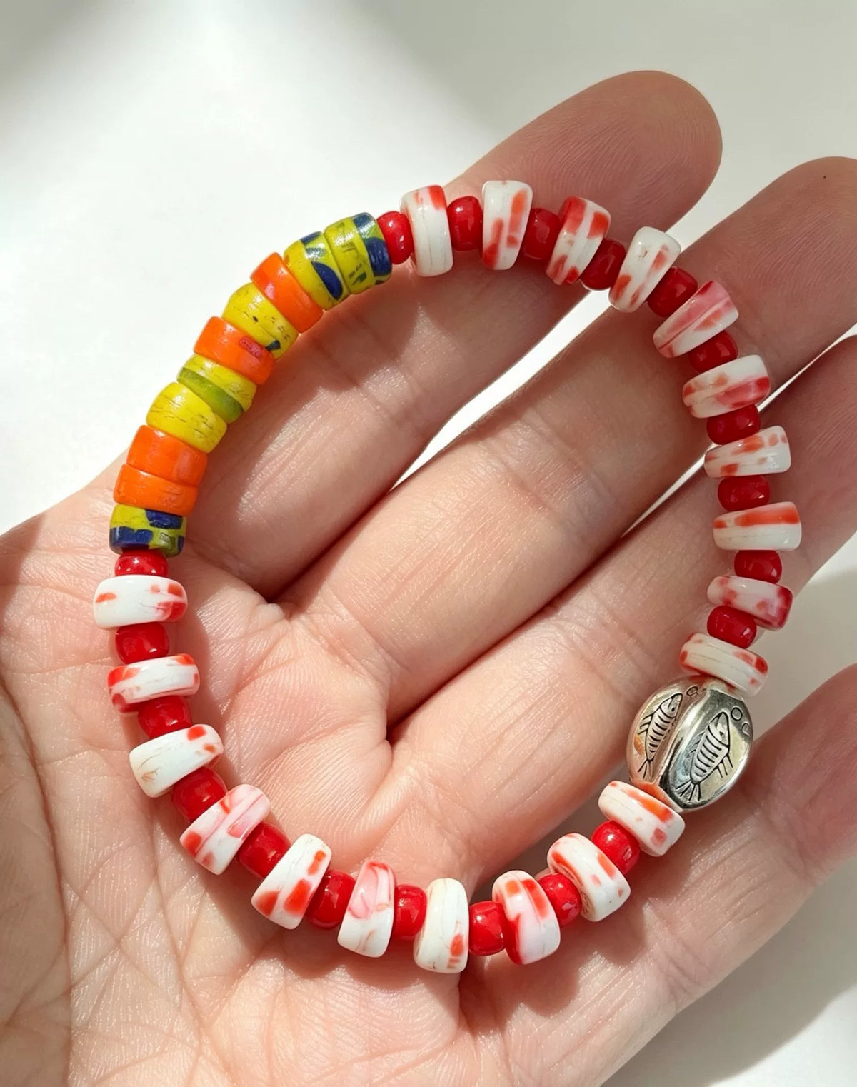 Pulseira de Contas de Vidro Antigo Vermelho Branco Multicolor