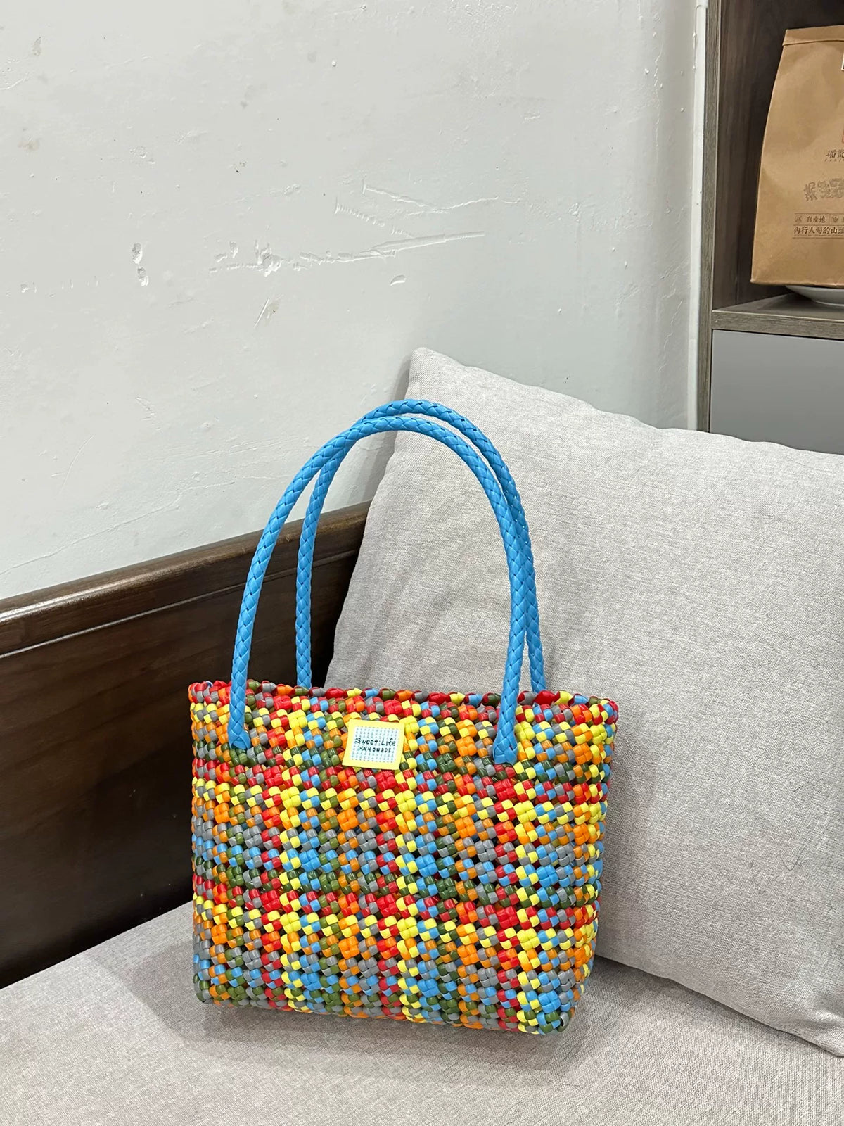 Mala de Vime Multicolor Tecida à Mão Média