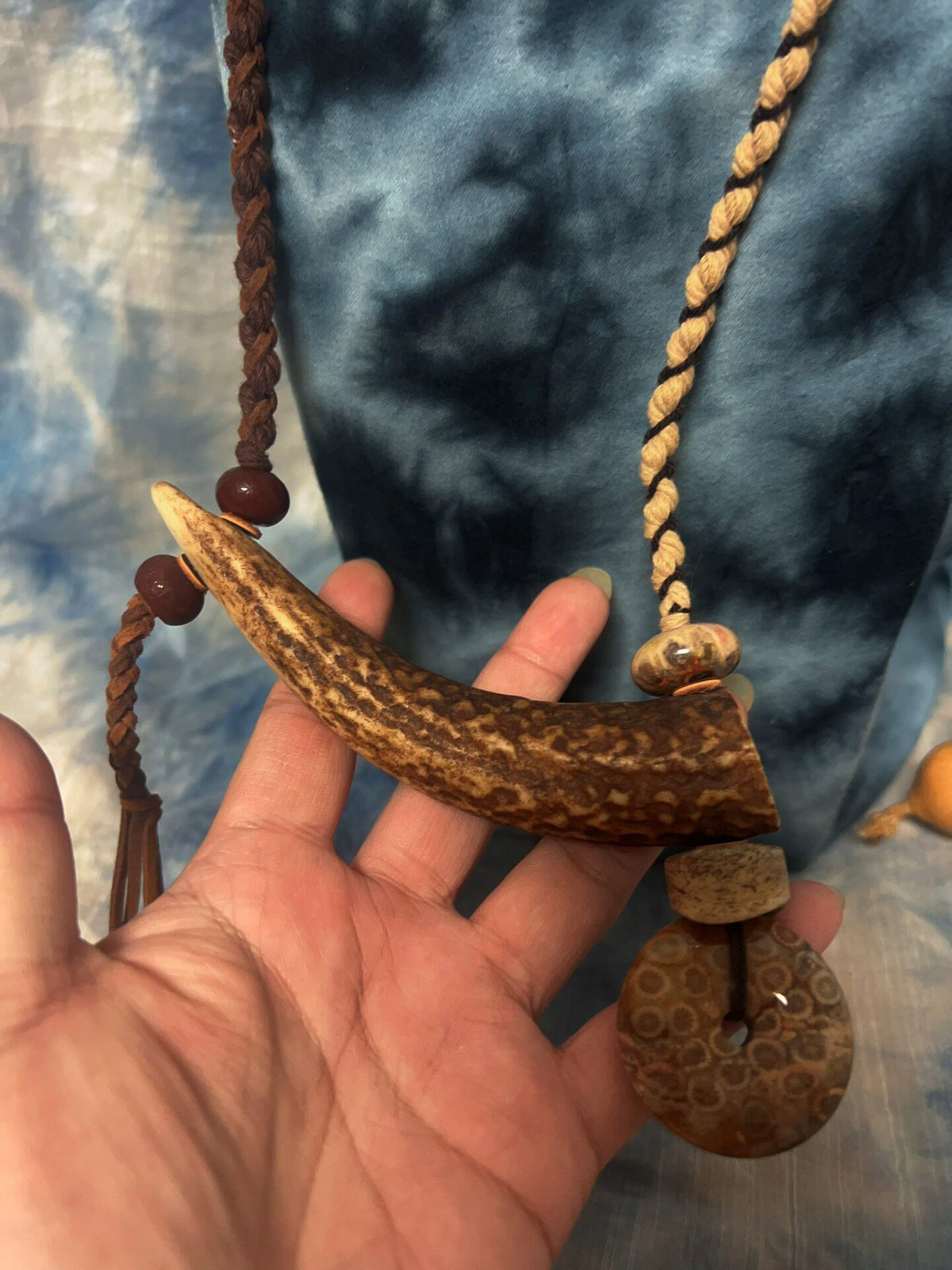 Handwoven Antler Necklace with Agate Beads
