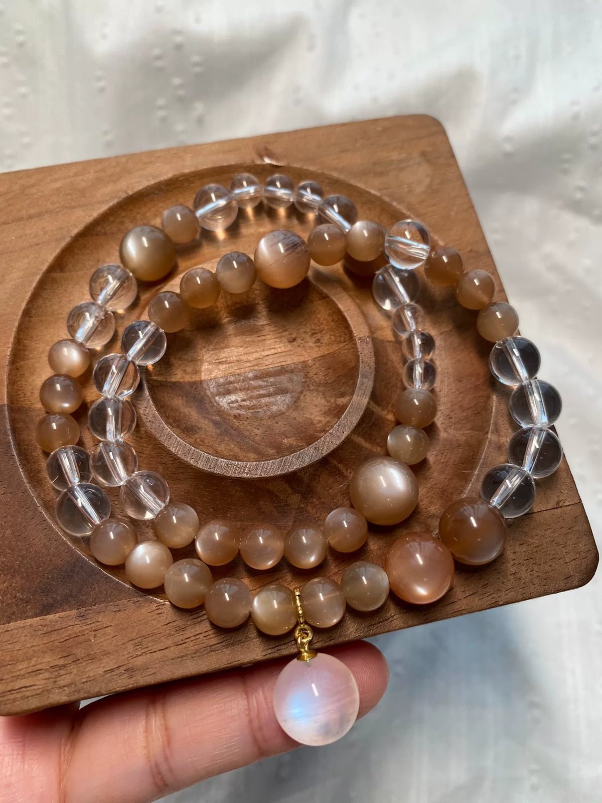 Moonstone and White Quartz Double Loop Bracelet