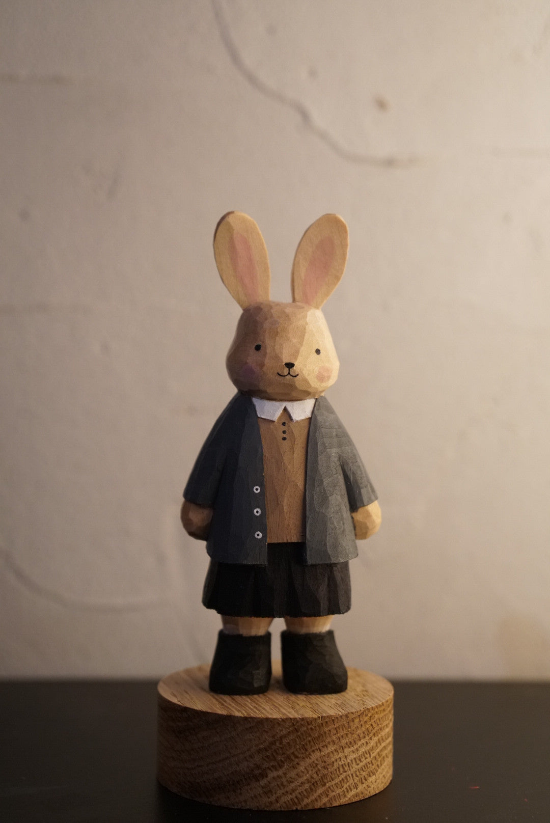 Hand-Carved Paulownia Wood Rabbit Figurine in School Uniform, 9cm
