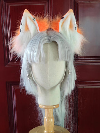 Orange Cat Ear Headband with White Tips and Metallic Studs