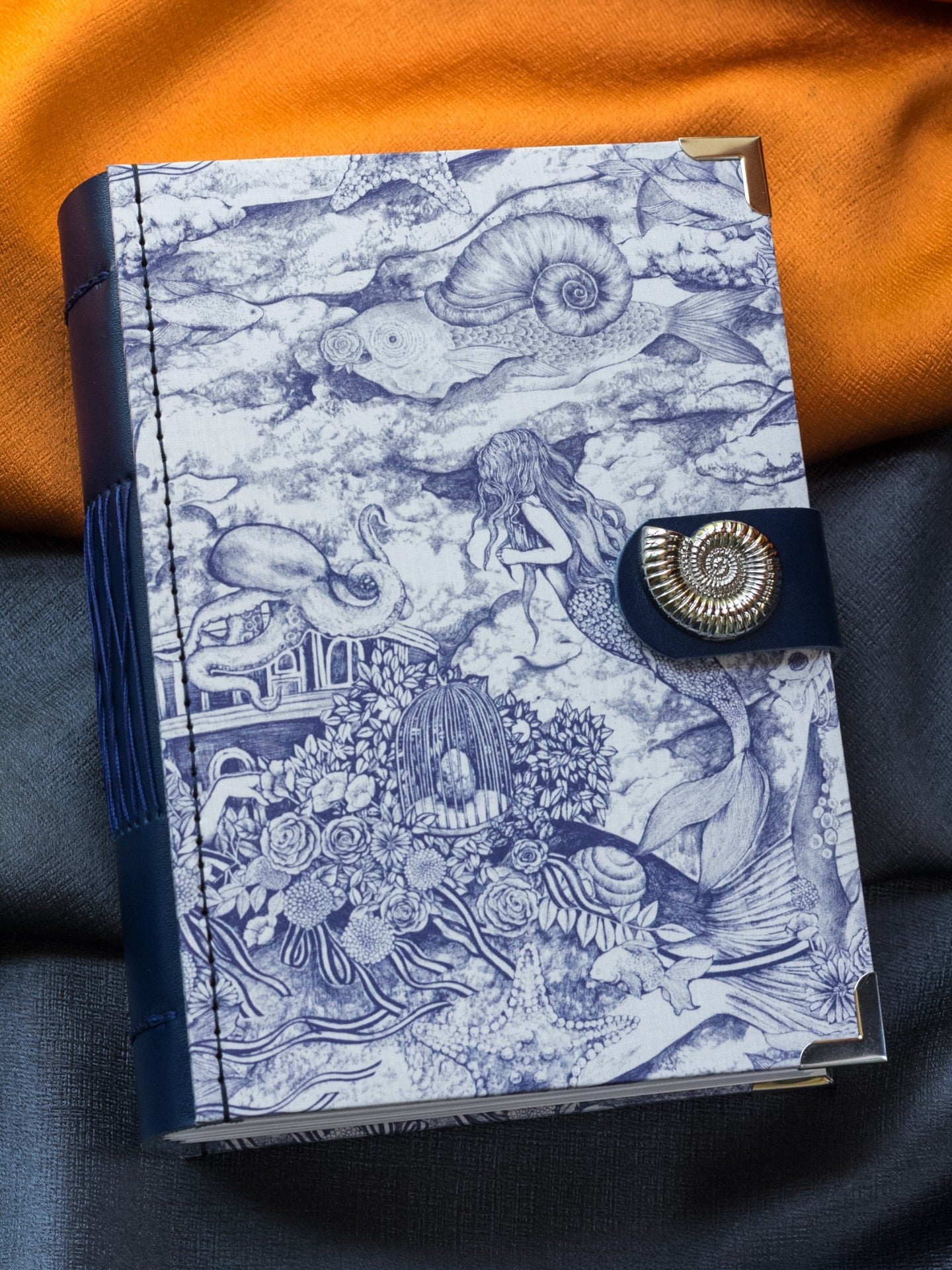 Handmade Blue and White Sea Pattern Fabric Journal, Nautilus Clasp