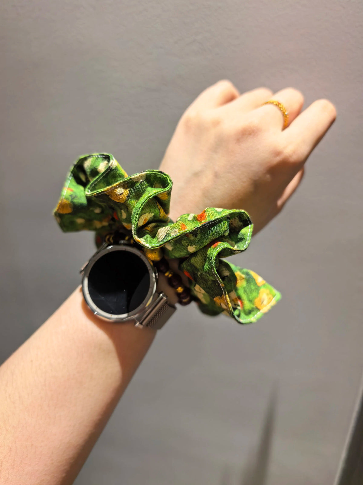 Handmade Green Floral Cotton Scrunchie
