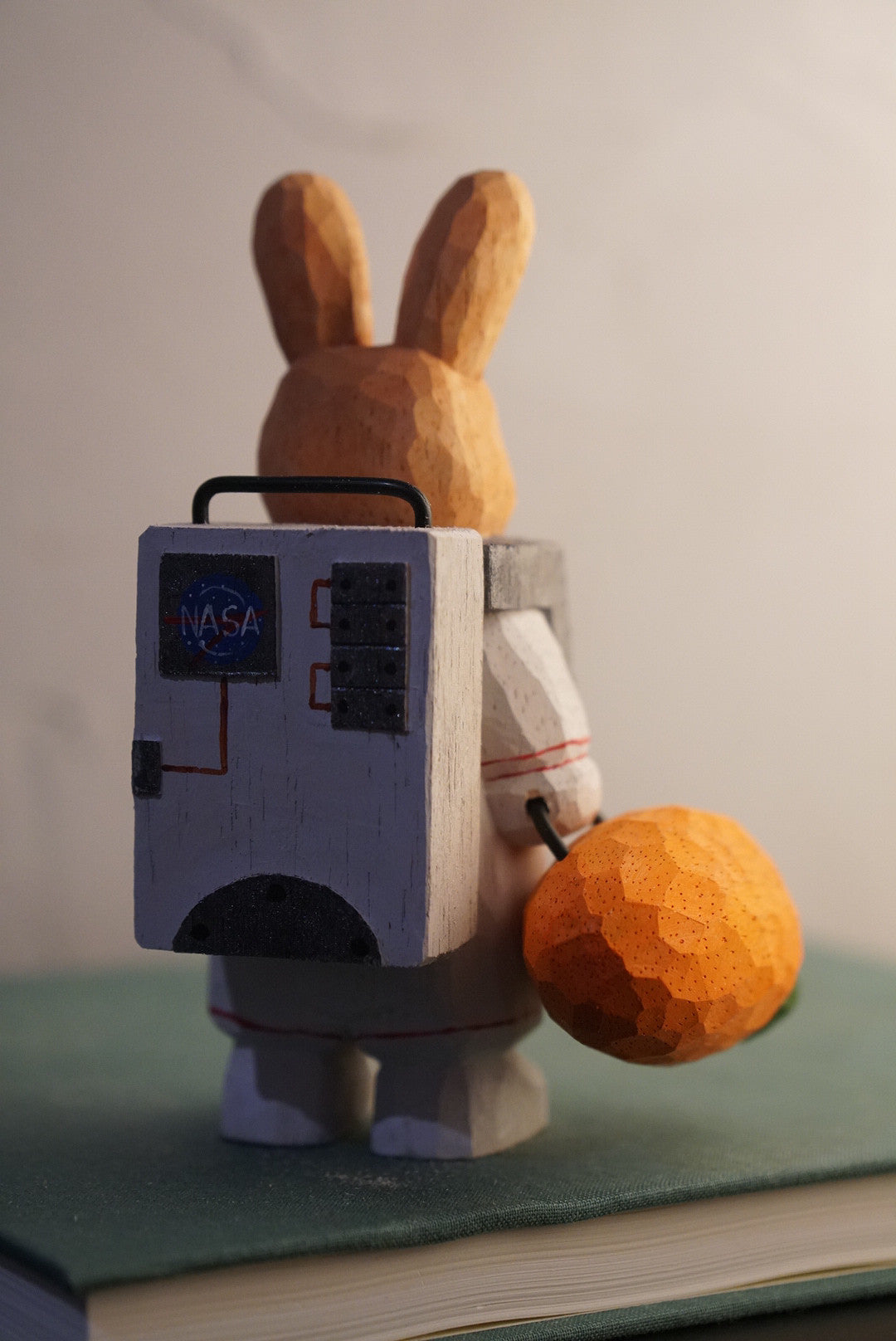 Hand Carved Wooden Astronaut Rabbit Sculpture
