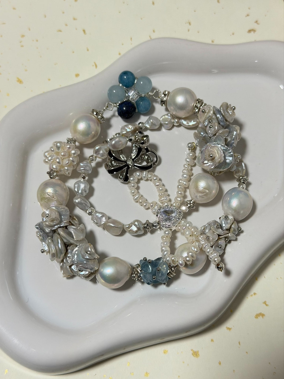 Baroque Pearl Floral Necklace with Blue Stones