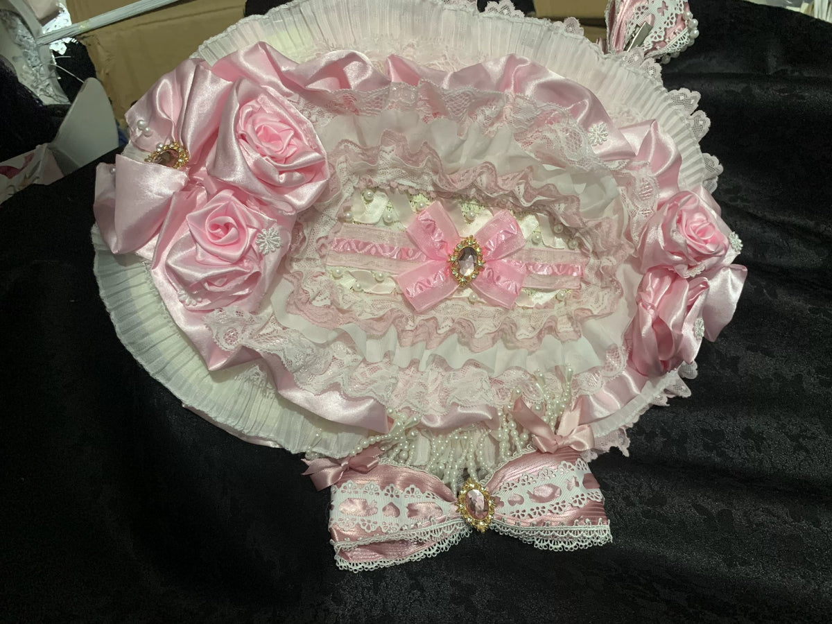 Set Cuffia Rococò in Raso Rosa e Fermagli per Capelli