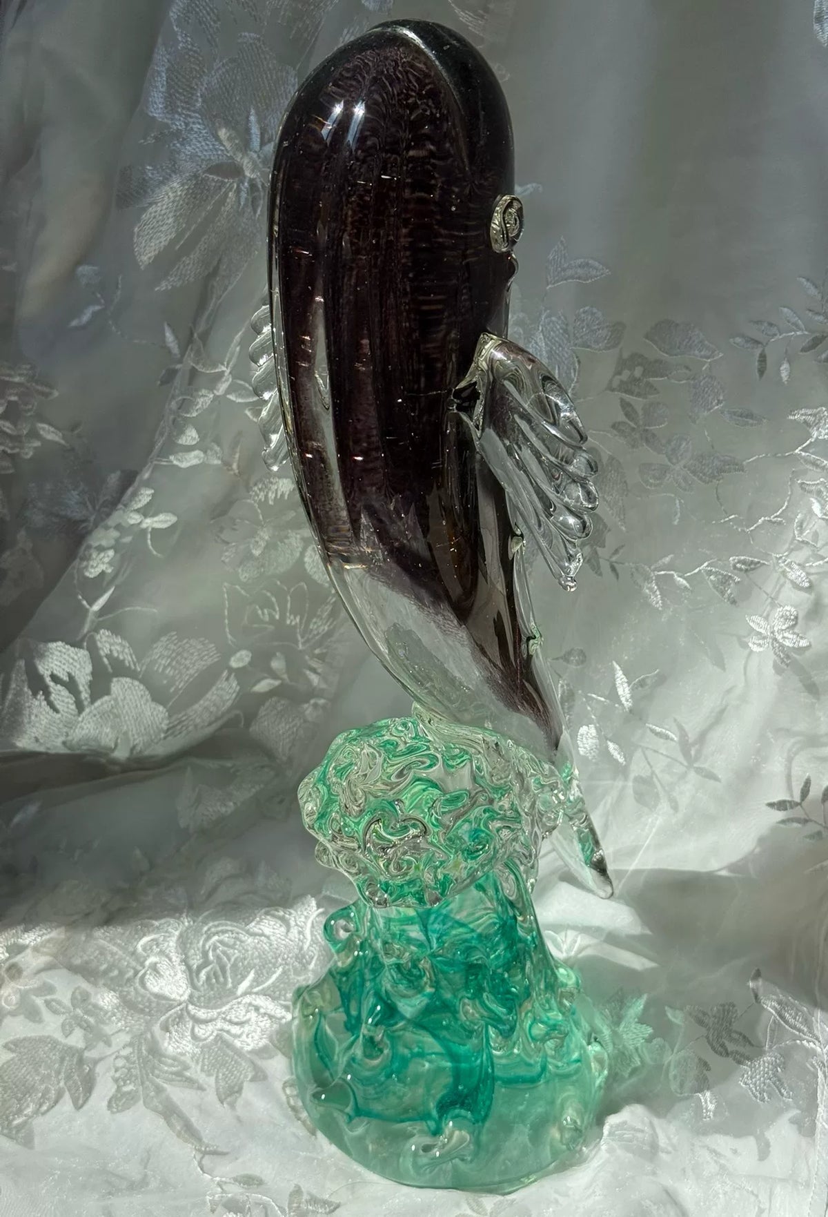 Sculpture Kunpeng en verre vintage violet et vert avec vagues