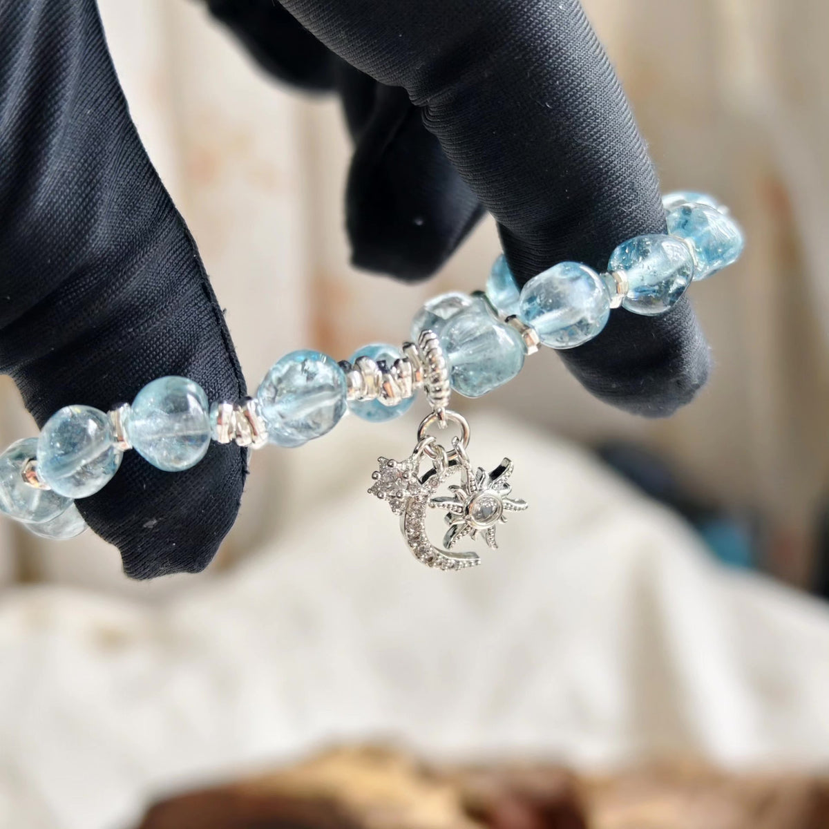 Natural Blue Topaz Candy Bean Beaded Bracelet
