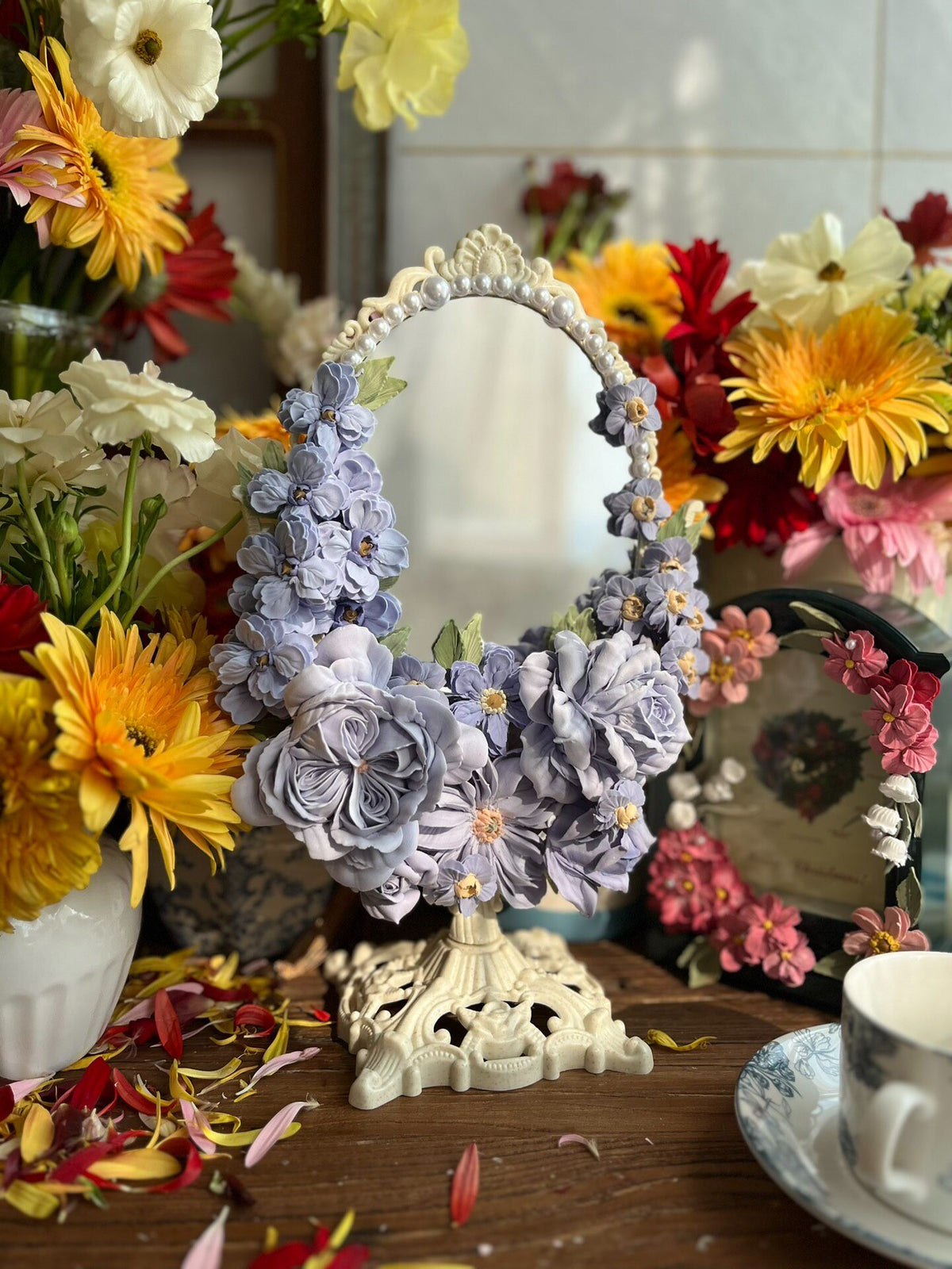 Clay Flower Decorated Oval Mirror