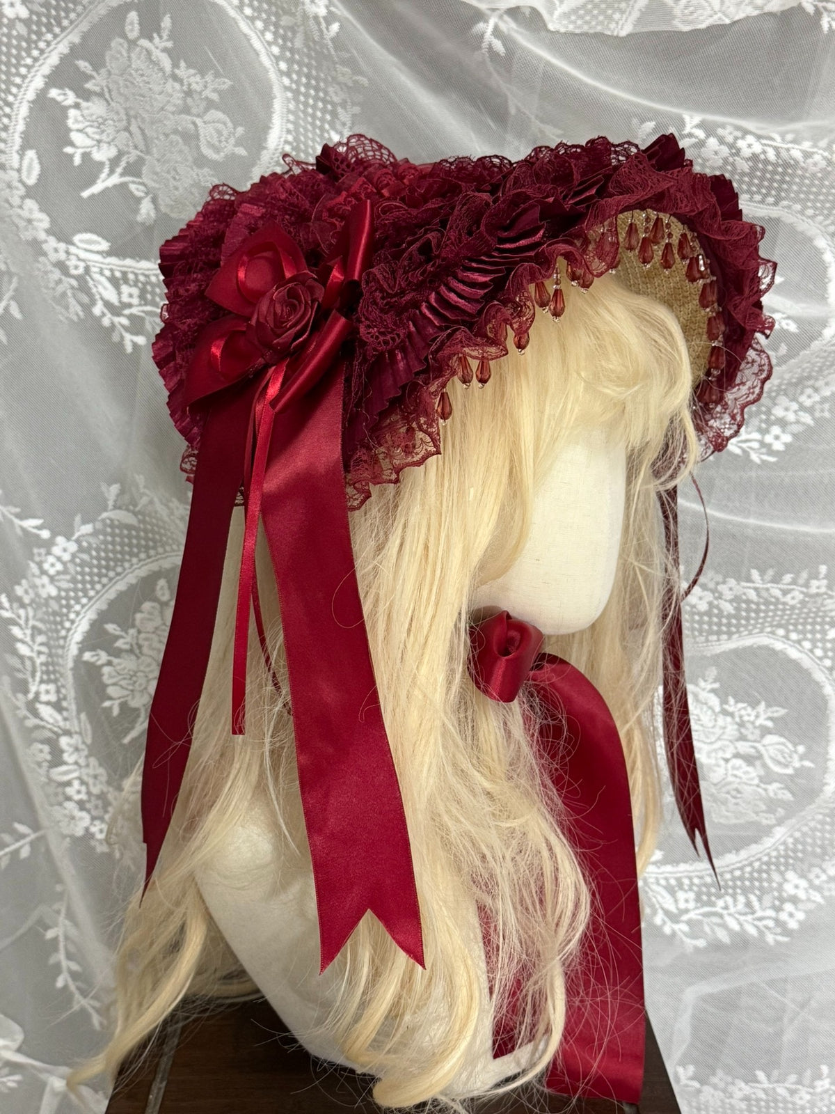 Wine Red Lolita Bonnet with Satin Bow