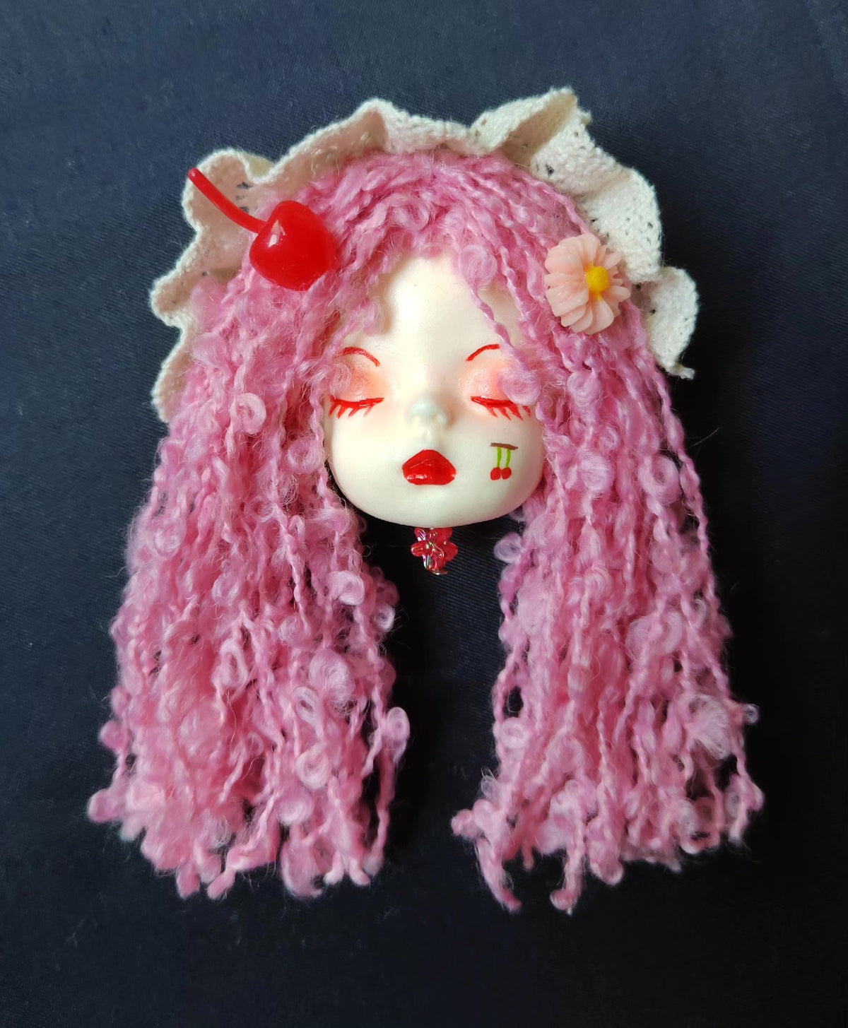 Clay Doll Head Brooch Lolita Pink