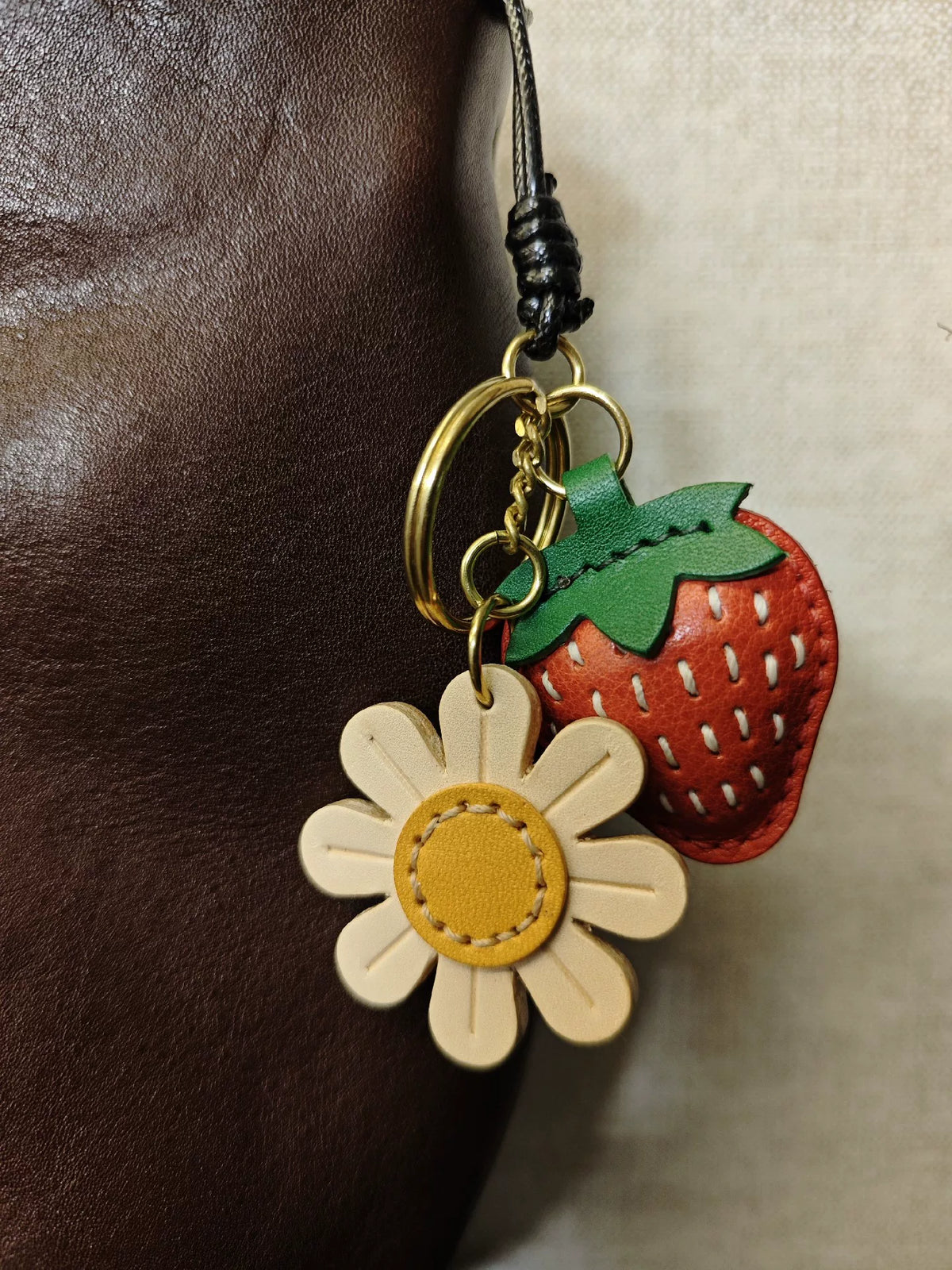 Handmade Strawberry Daisy Leather Bag Charm Keyring