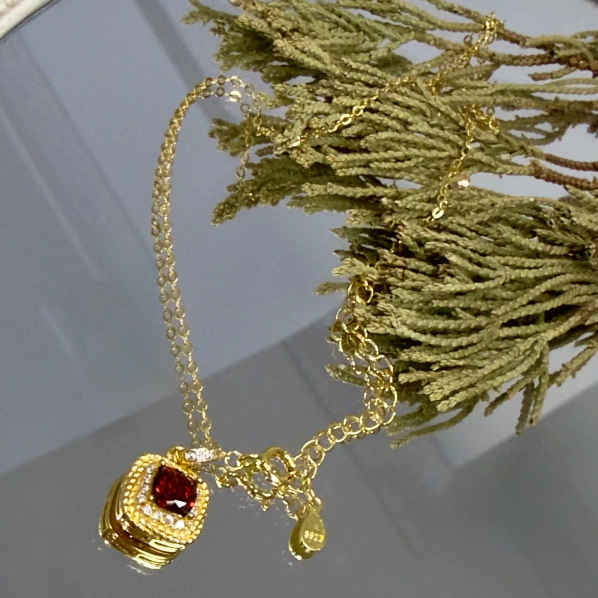 Red Garnet Square Pendant Necklace Gold Plated Silver