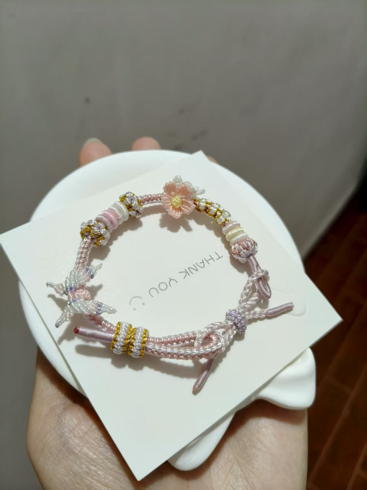 Handwoven Pink Flower Bracelet