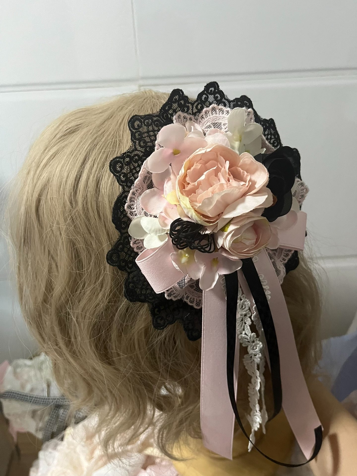 Black Pink Floral Lolita Handcrafted Hair Accessory with Lace and Ribbon
