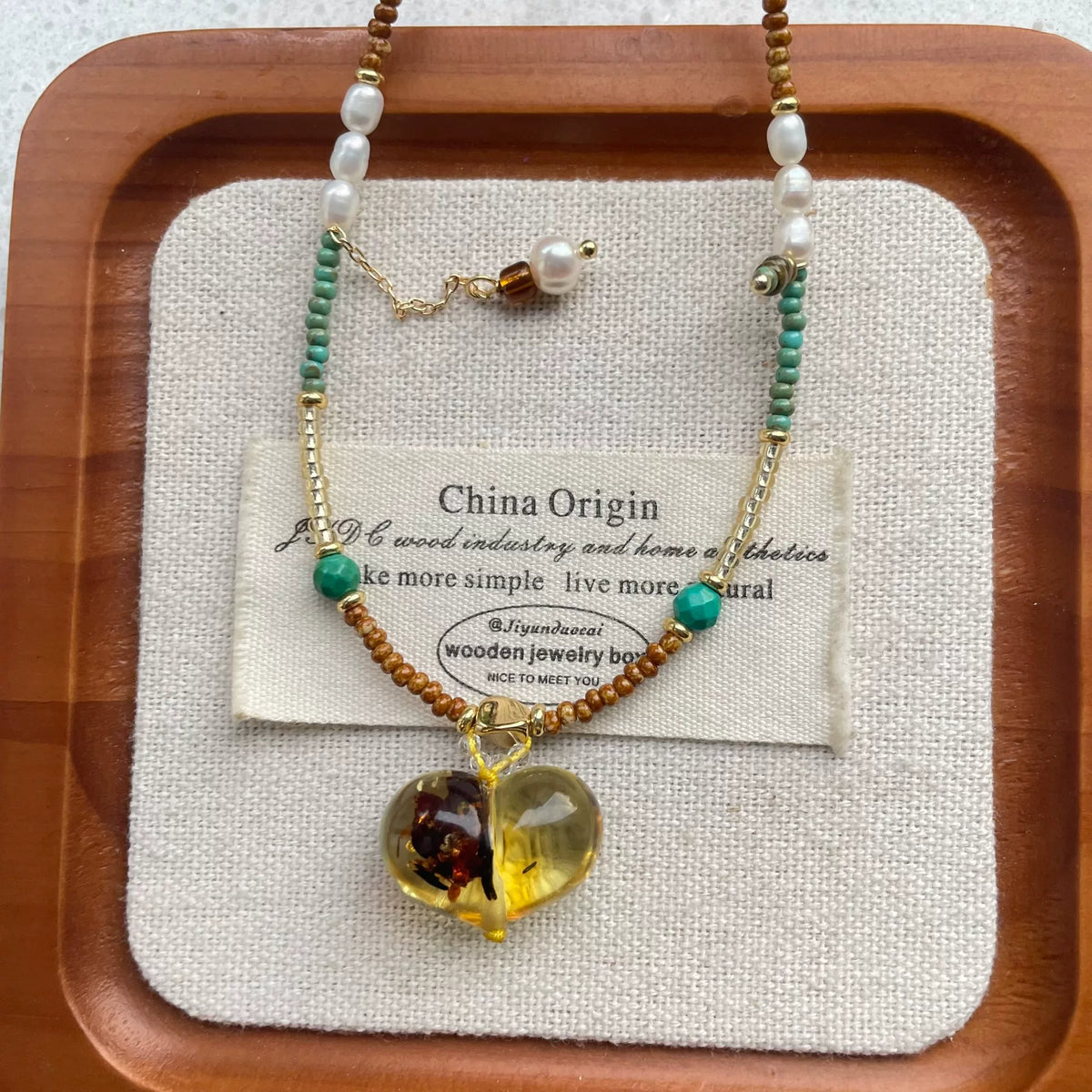Natural Flower Amber Heart Necklace