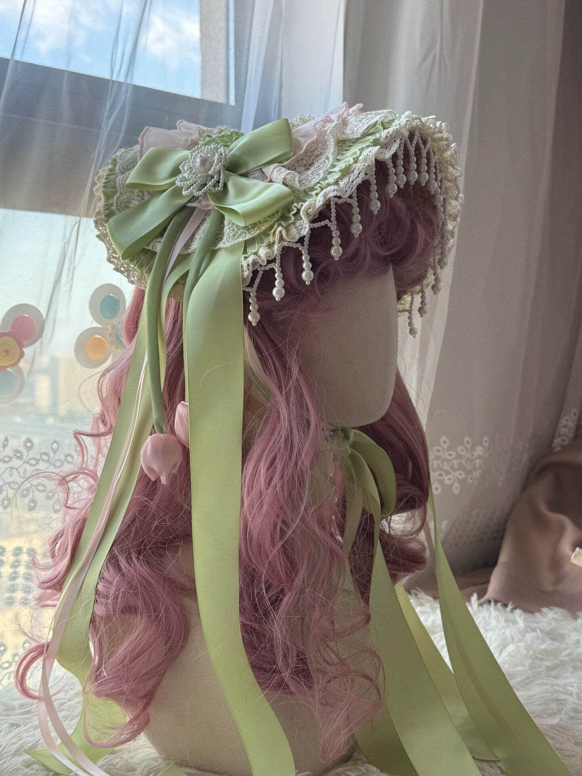 Lolita Bonnet Hat with Pearl Fringe