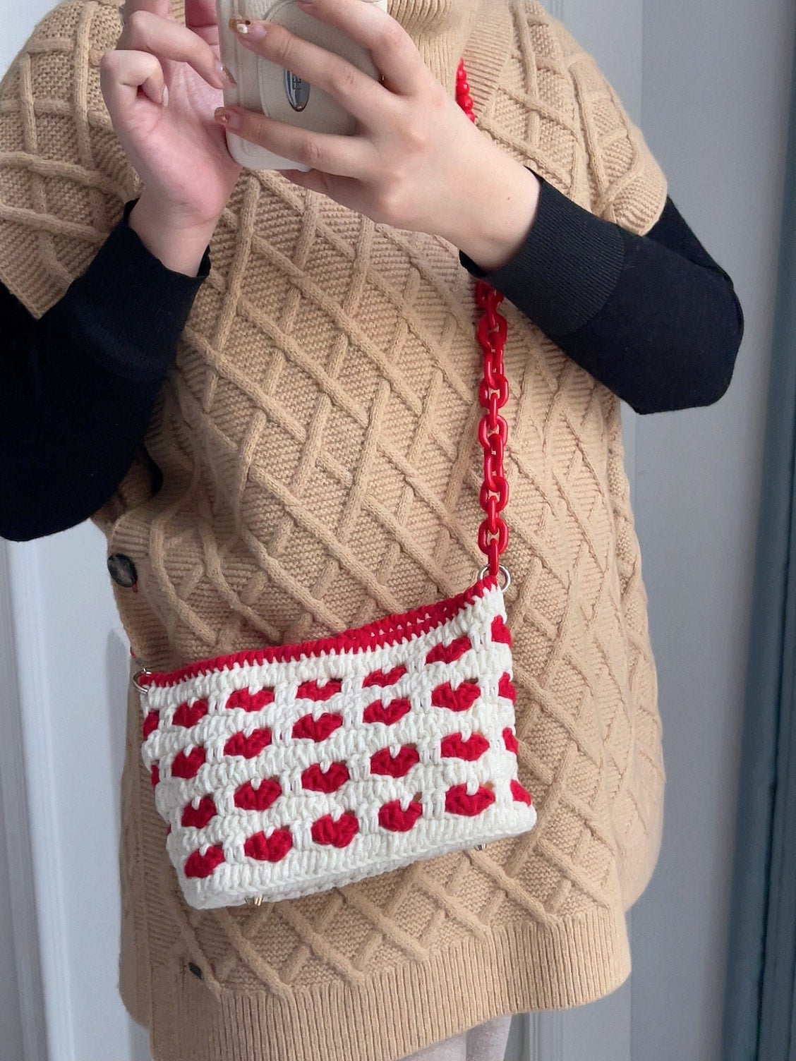 Handmade Crocheted Heart Bag Red White