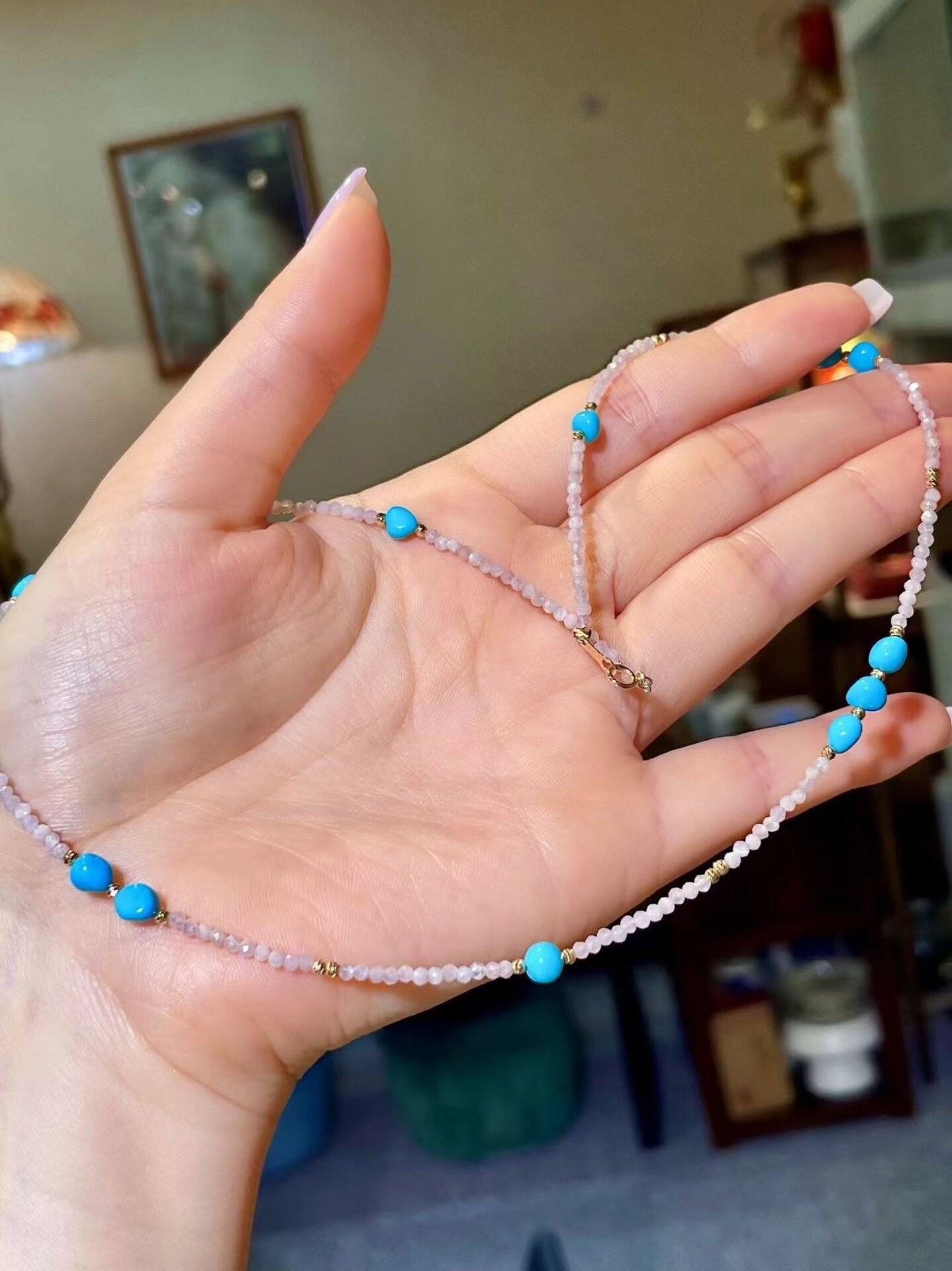 Turquoise and Rose Quartz Beaded Necklace with Gold Spacers