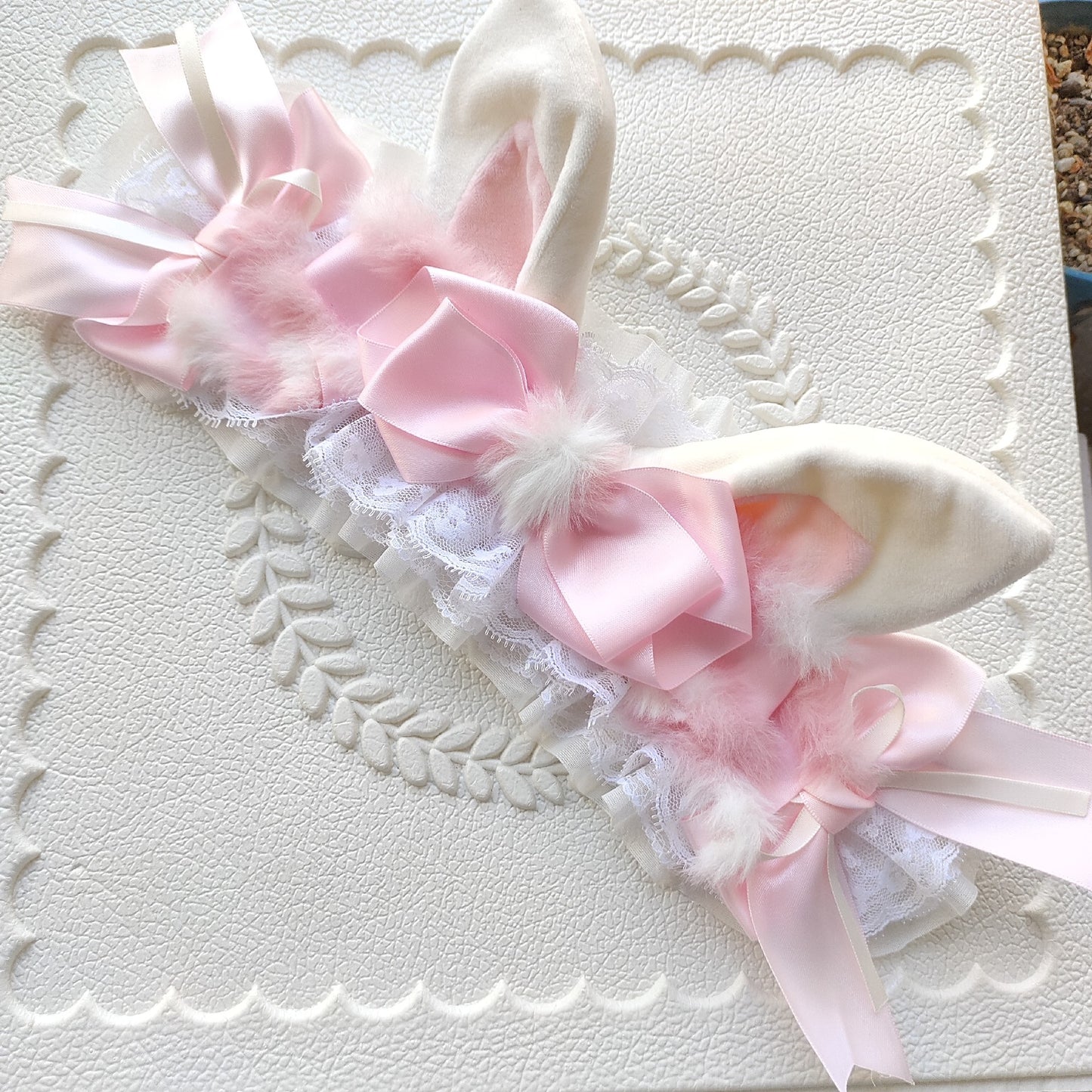 Pink and White Lolita Rabbit Ear Headband with Polka Dot Bow