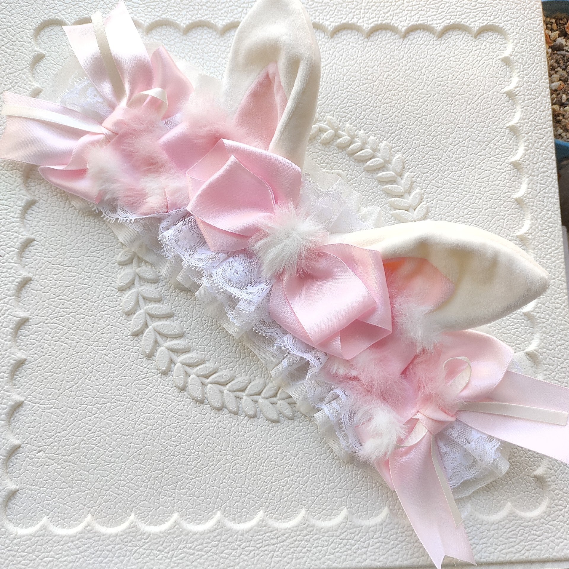 Pink and White Lolita Rabbit Ear Headband with Polka Dot Bow