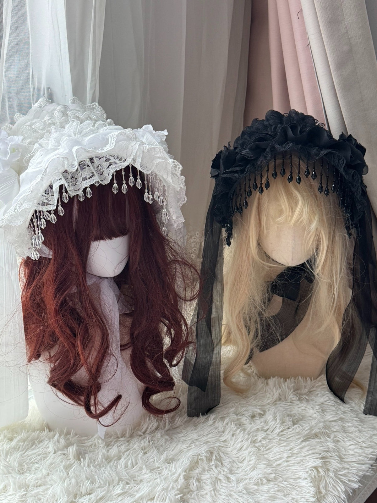 Gothic Lolita Widow Hat with Black Pearl Tassels