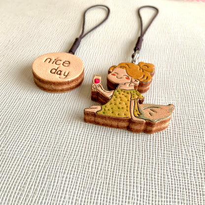 Leather Charm Set with Fairy Figure and "nice day" Disc
