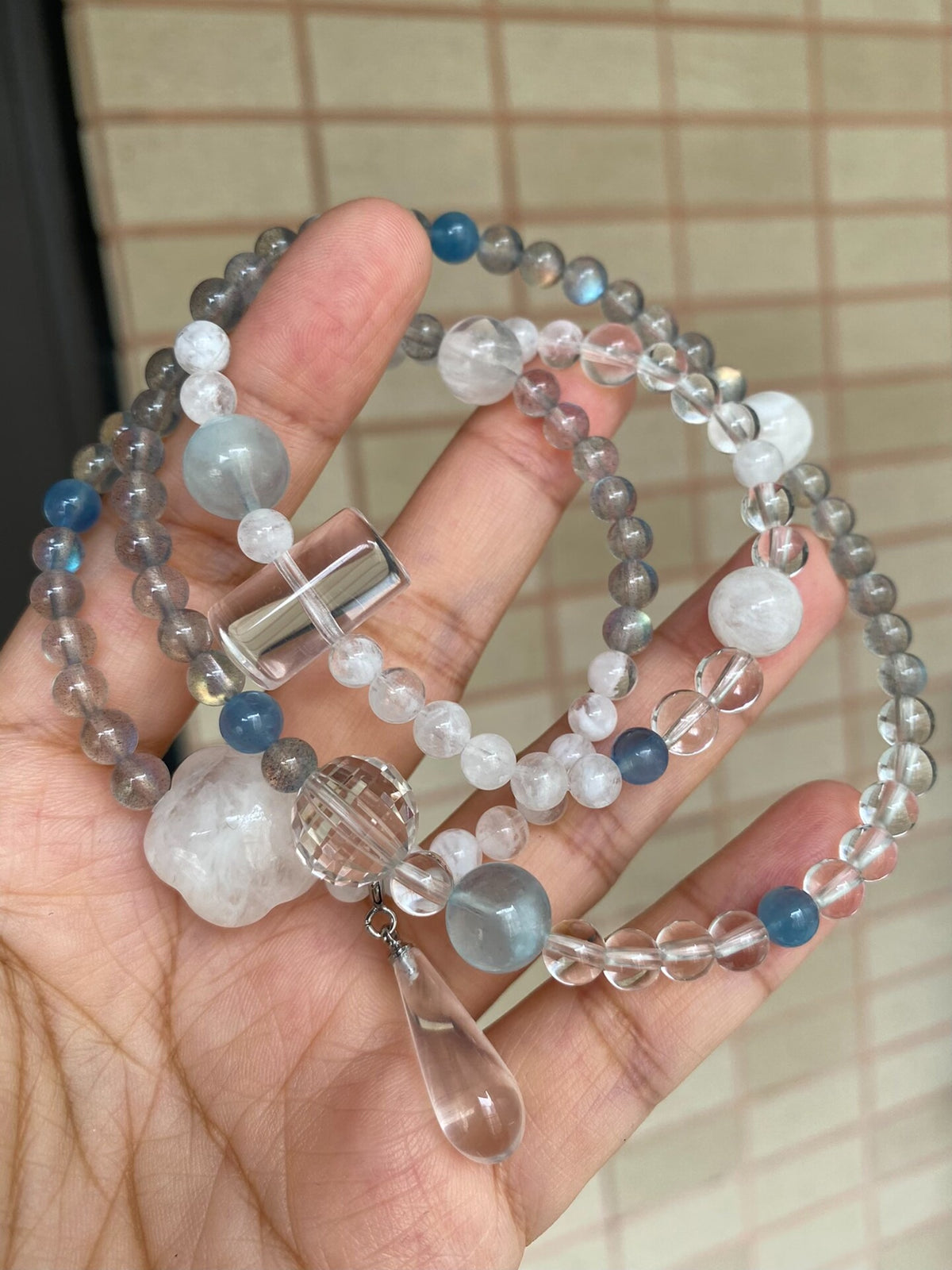 Natural Stone Triple Wrap Crystal Bracelet