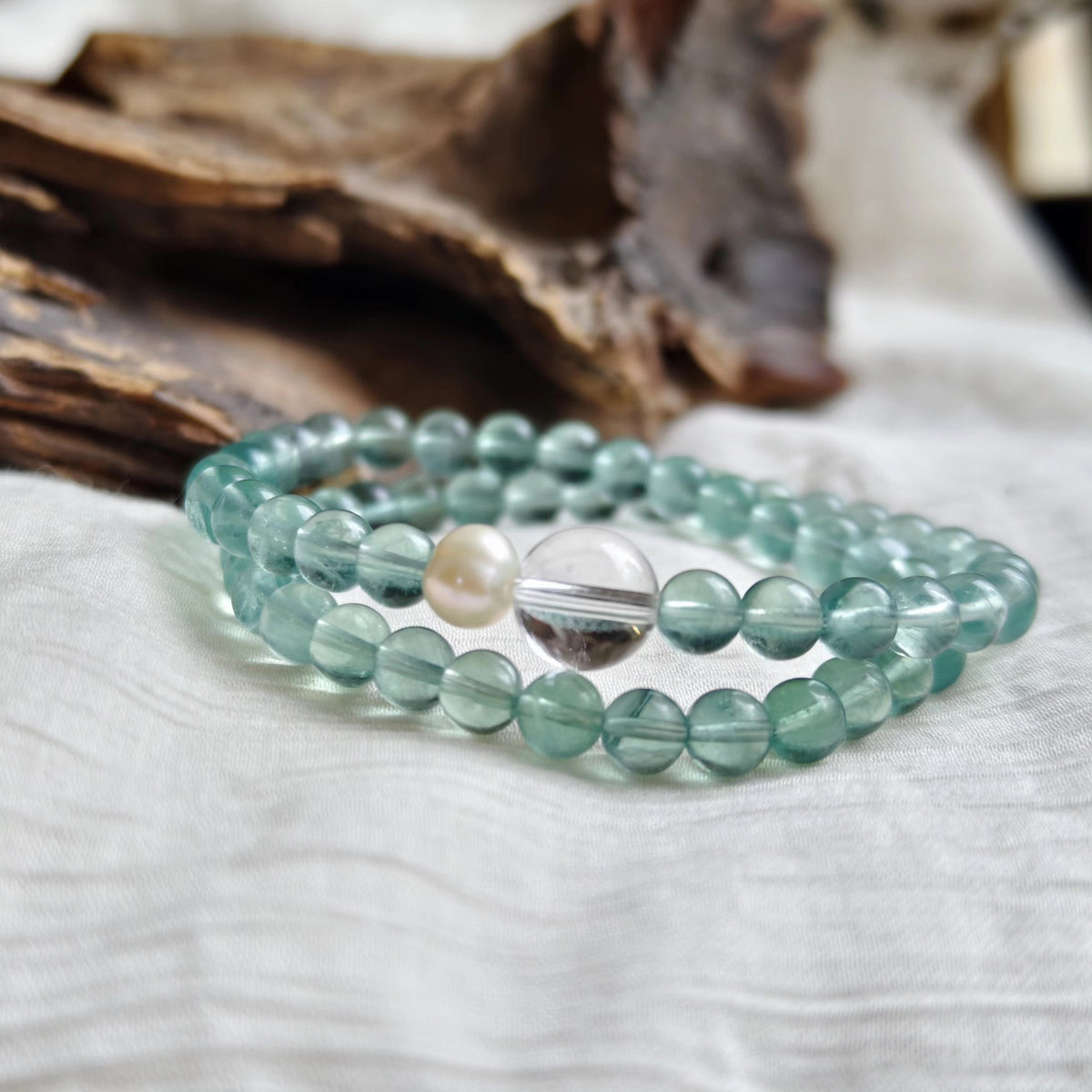 Double Loop Fluorit-Armband mit Bergquarz und Perle