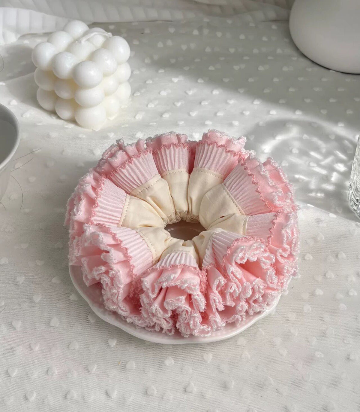 Pink Lace Ruffle Hydrangea Hair Scrunchie