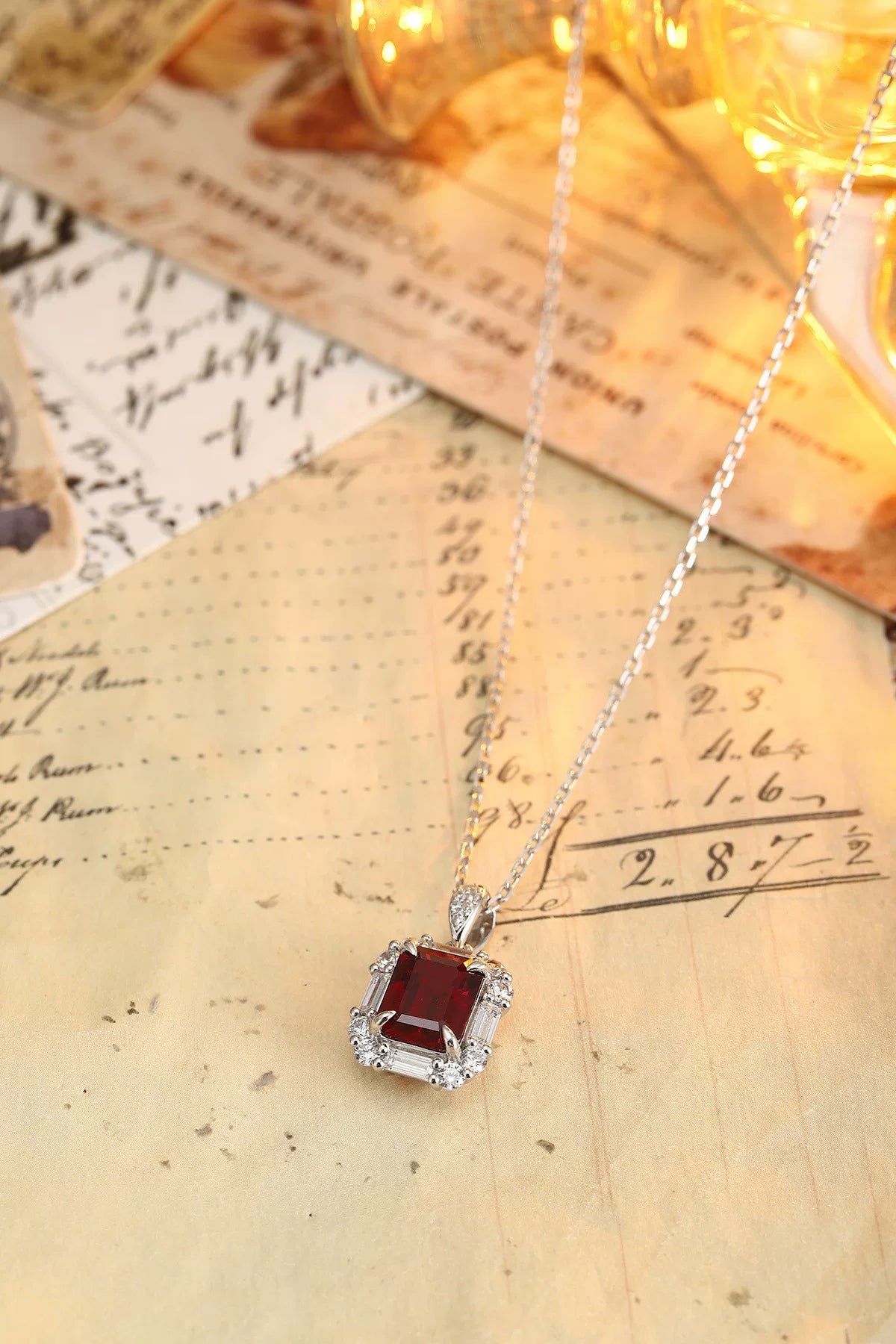 S925 Silver Emerald-Cut Lab-Grown Ruby Pendant Necklace