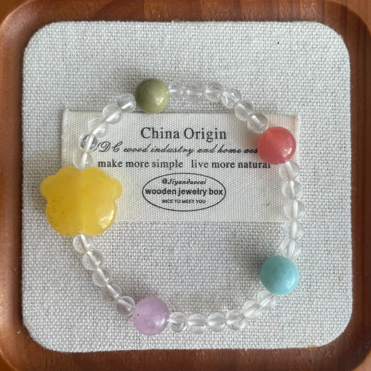 Honey Amber Bear Paw Clear Quartz Bracelet