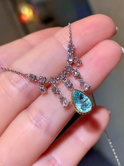 18K Gold Paraiba Tourmaline Diamond Pendant Necklace 1.13ct Main Stone 0.75ct Diamonds