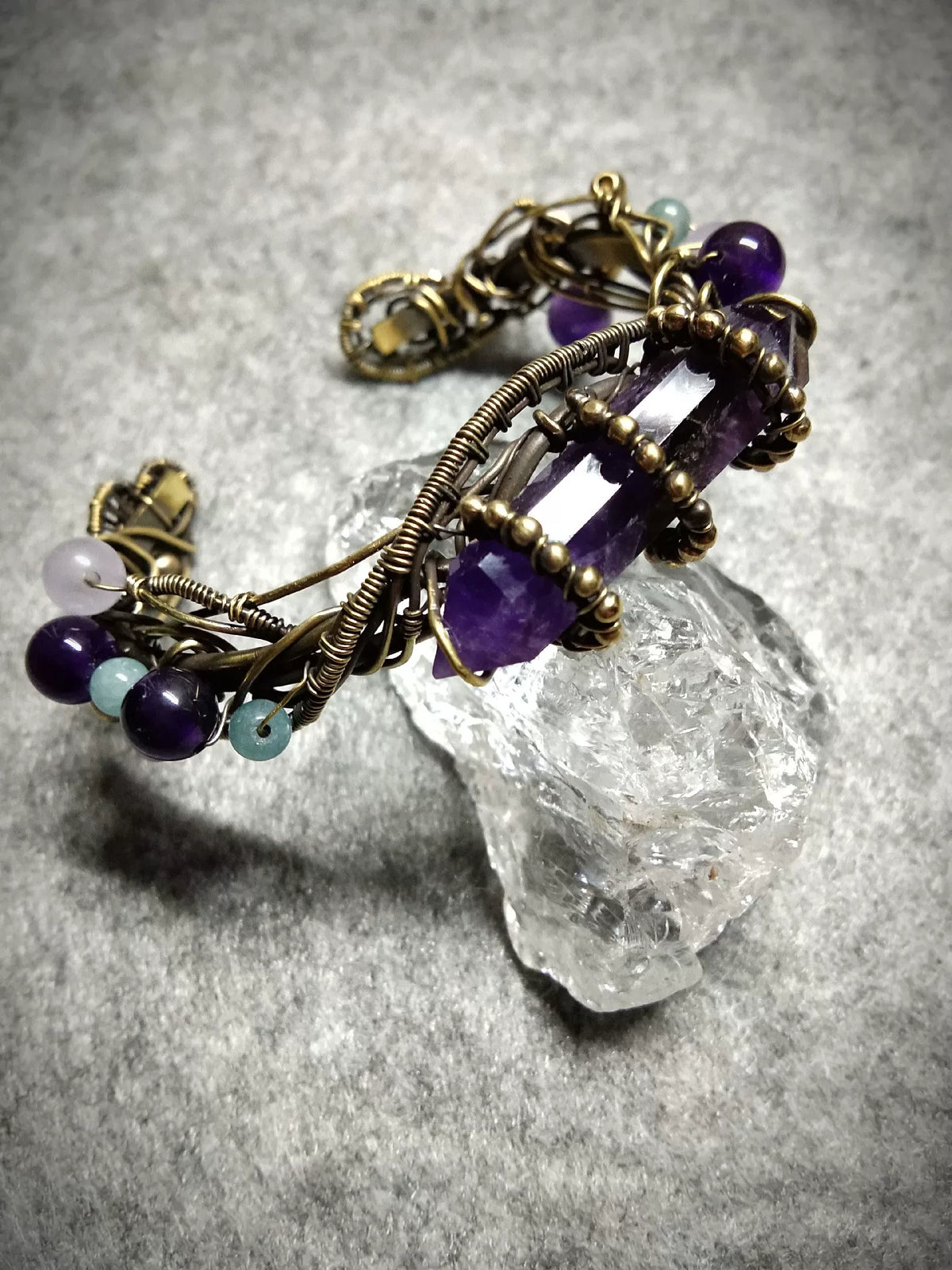 Amethyst crystal wire wrapped brass cuff bracelet